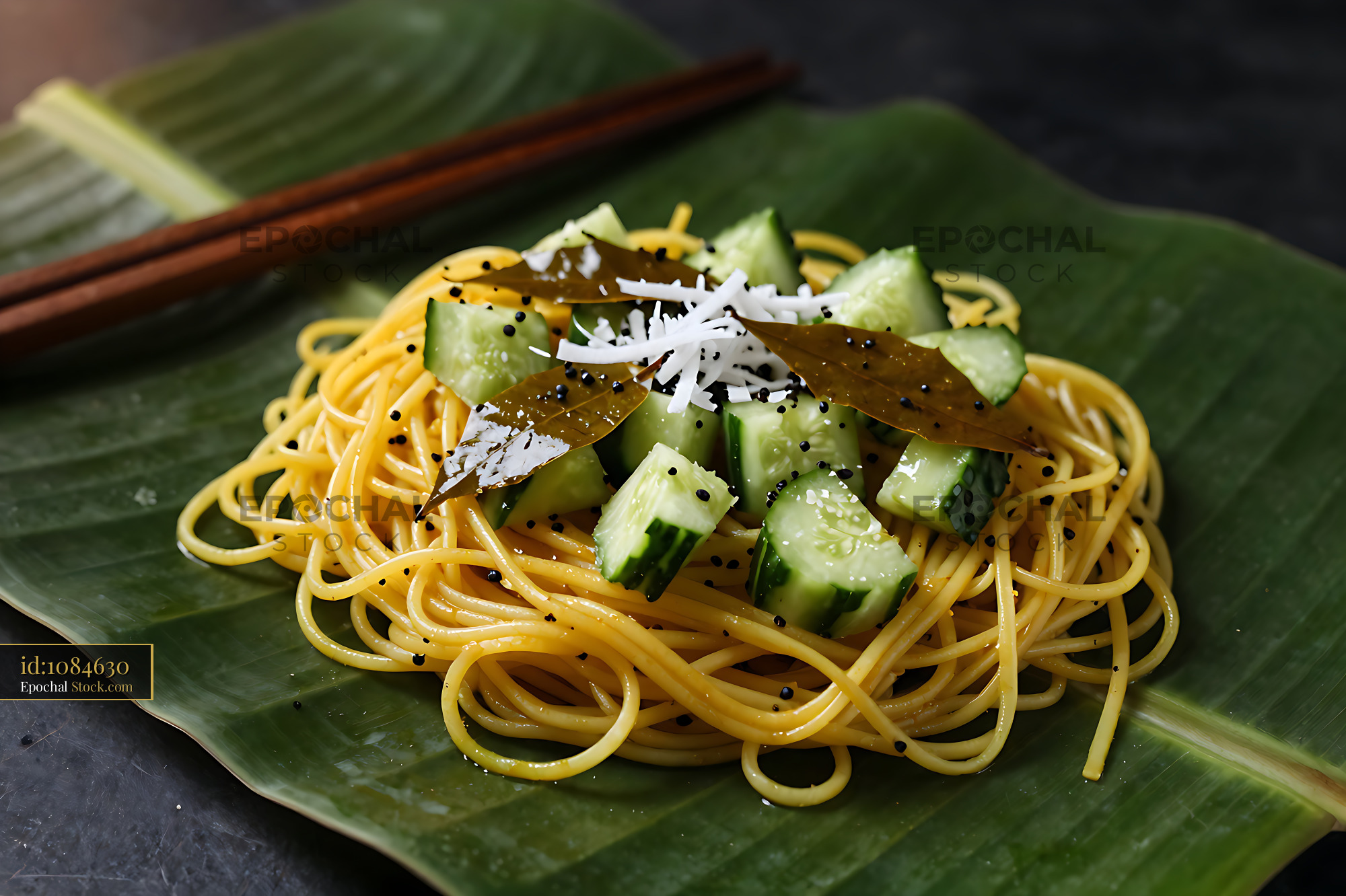 Kakdi Koshimbir Noodles with Fresh Cucumber on Leaf - stock photo