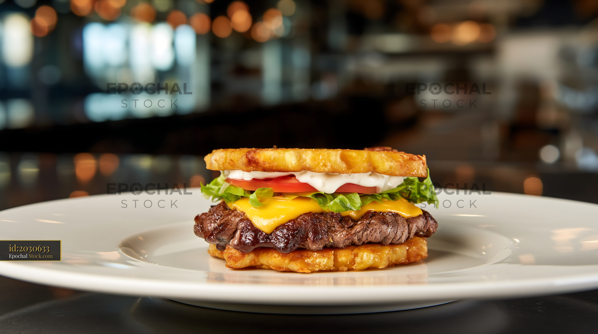 Gourmet Beef Burger with Crispy Waffle Fries - stock photo
