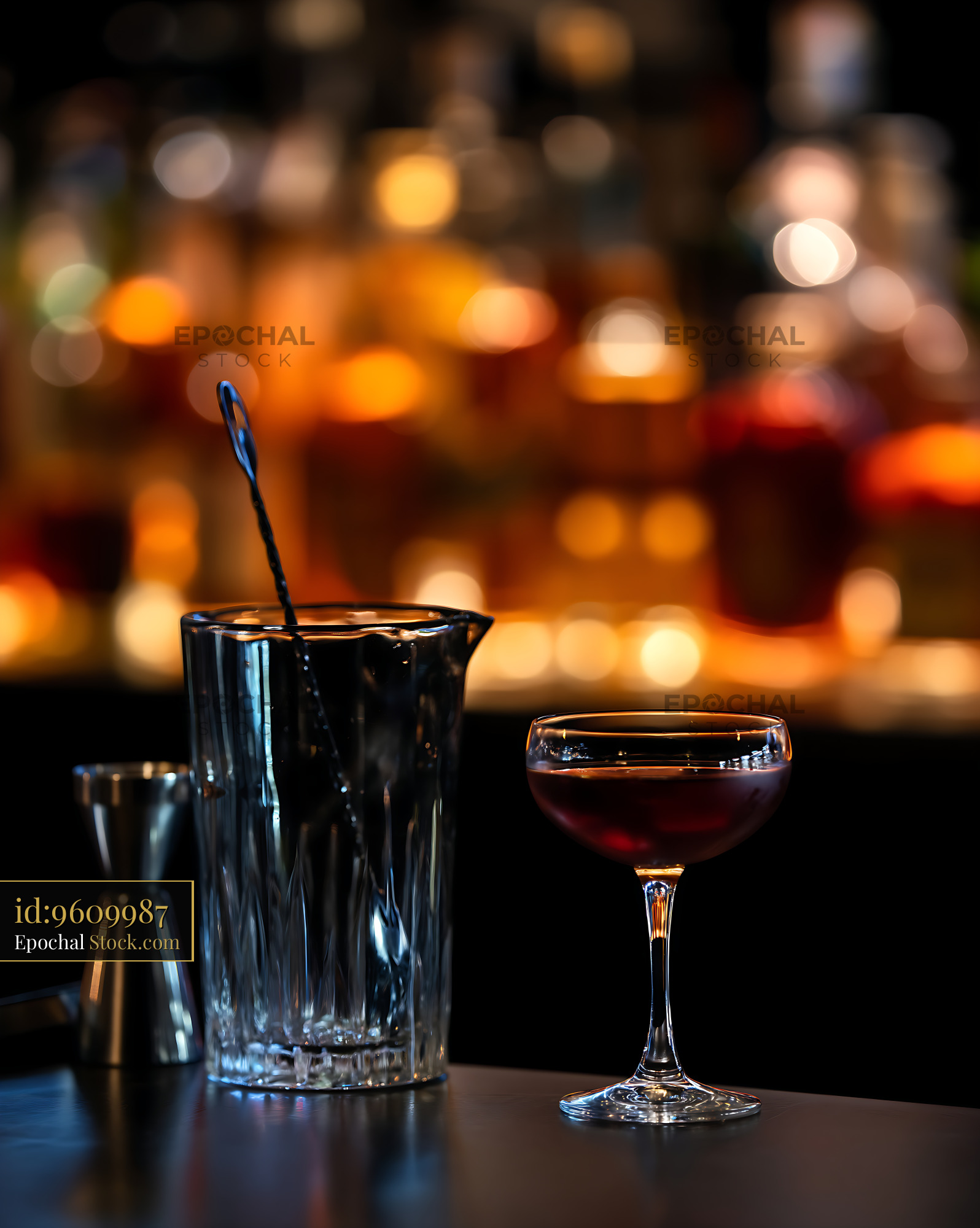Bushwick Cocktail Served at Bar with Bokeh Lights - stock photo