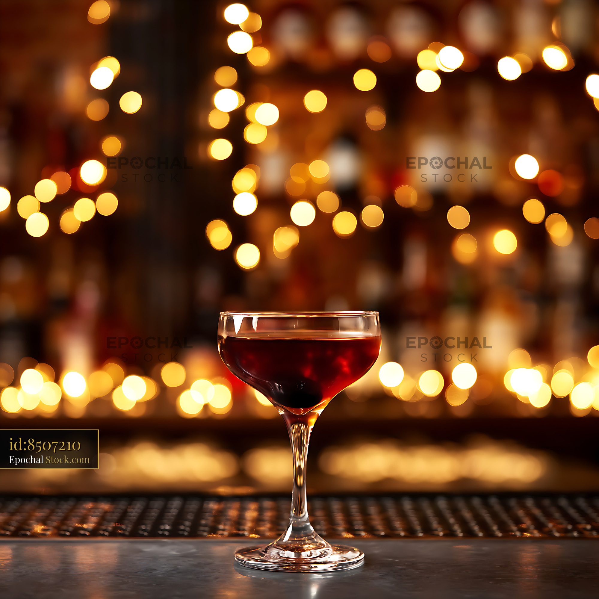 Red Cocktail at Bar with Festive Lights - stock photo