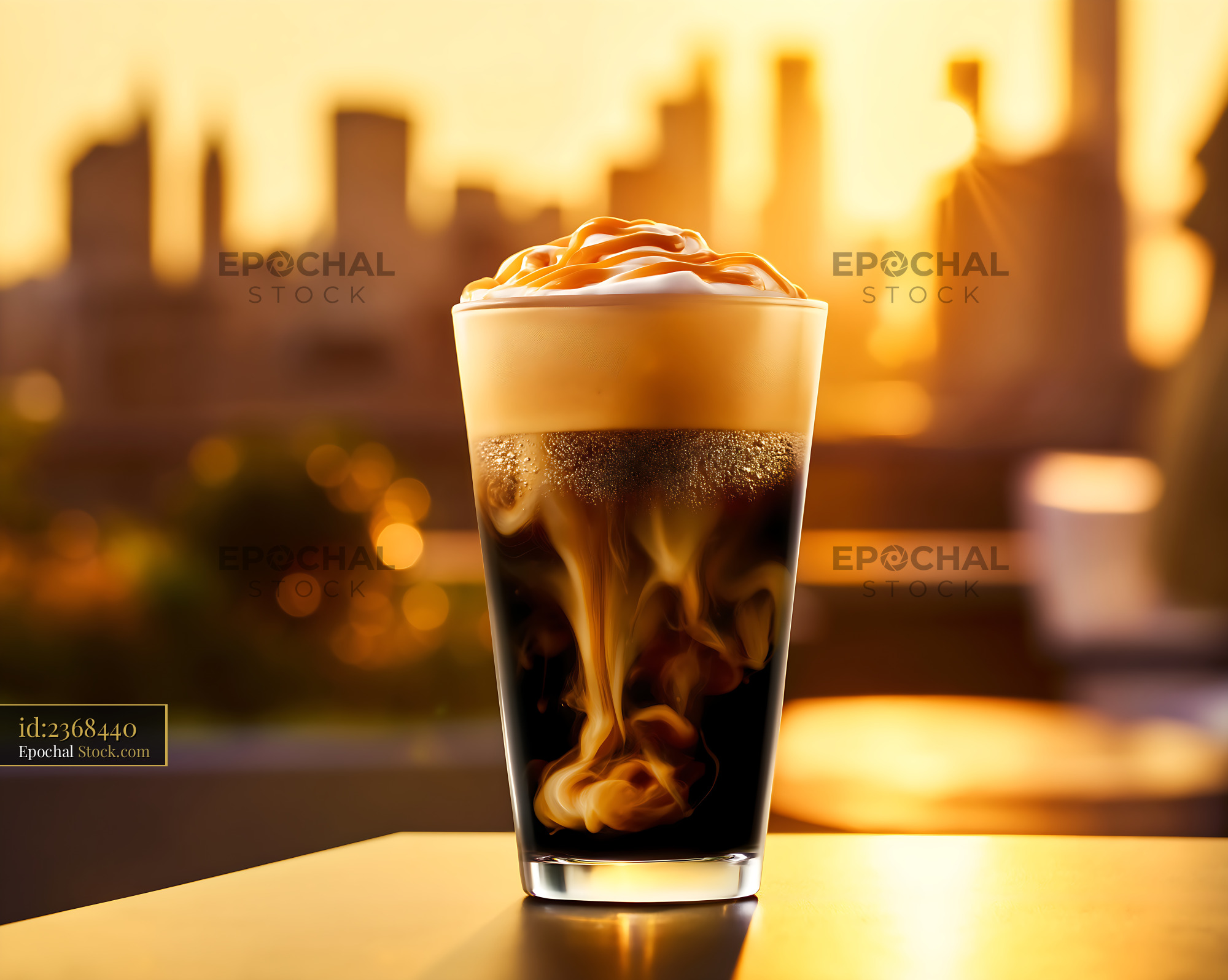 Nitro Caramel Coffee Against Urban Skyline - stock photo