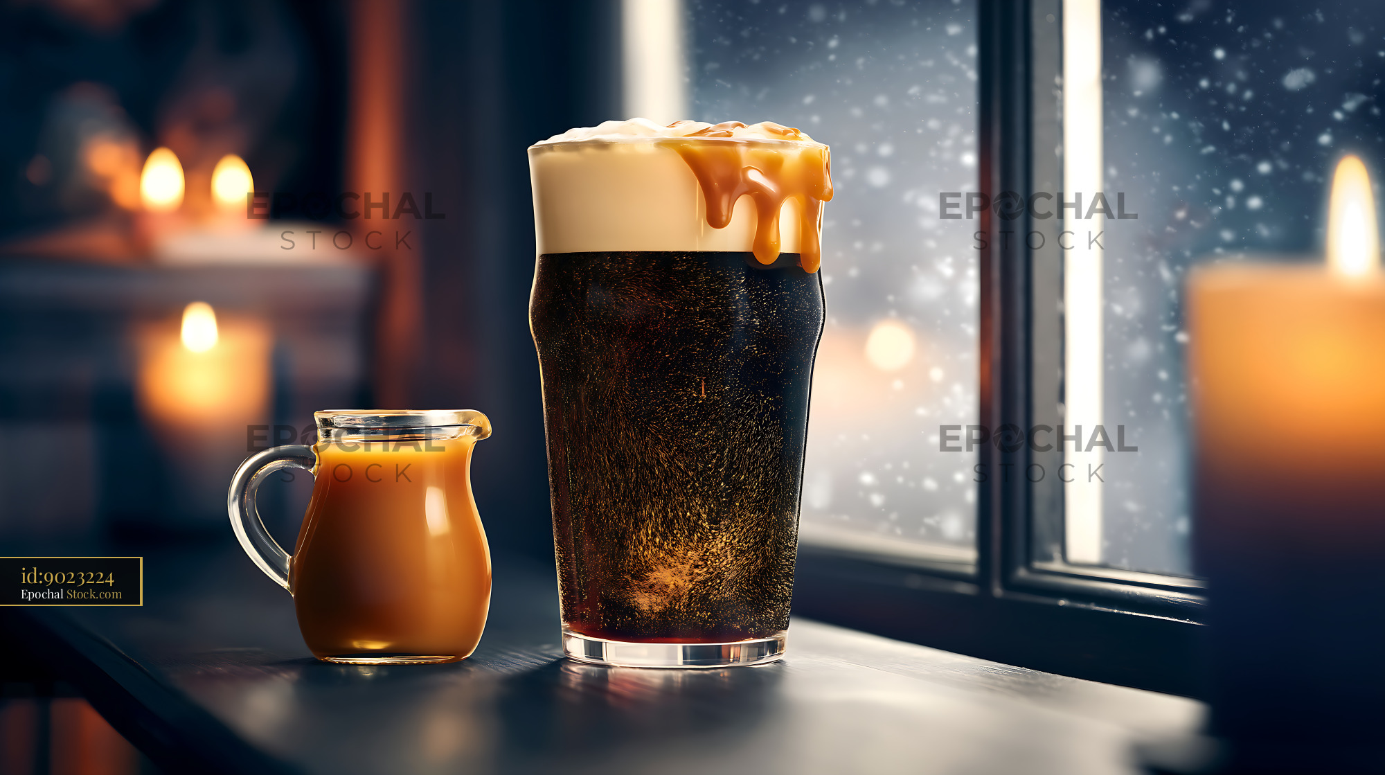 Nitro Caramel Coffee with Cream by Snowy Window - stock photo