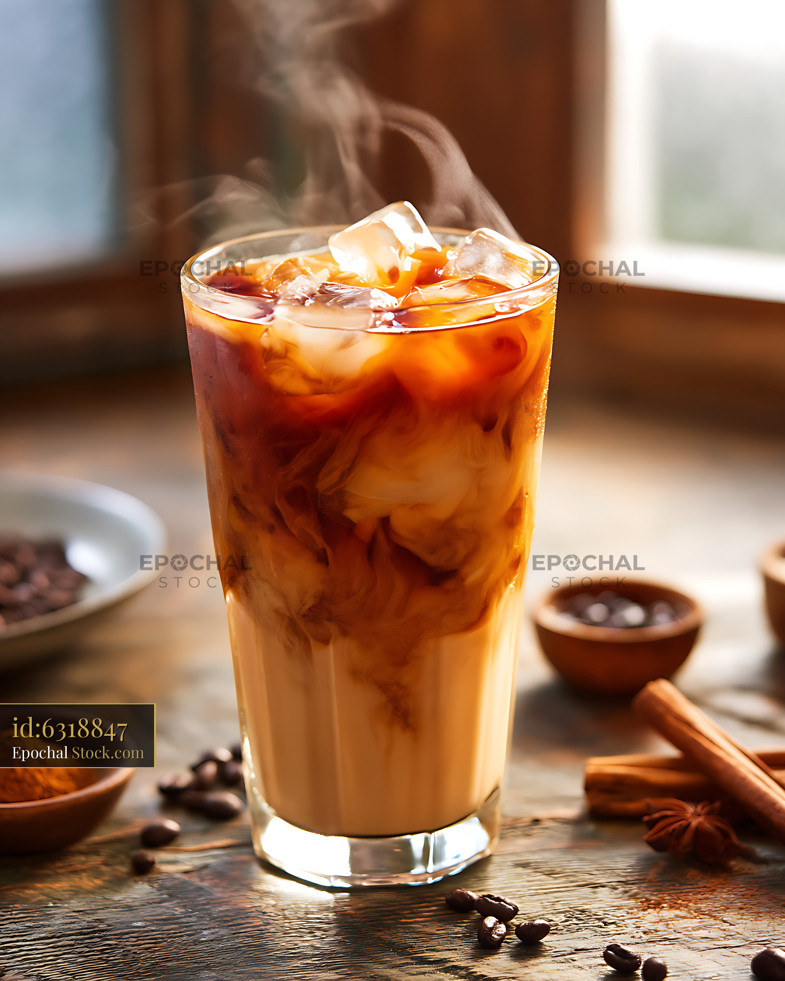 Iced Coffee with Cream and Cinnamon Spices - stock photo