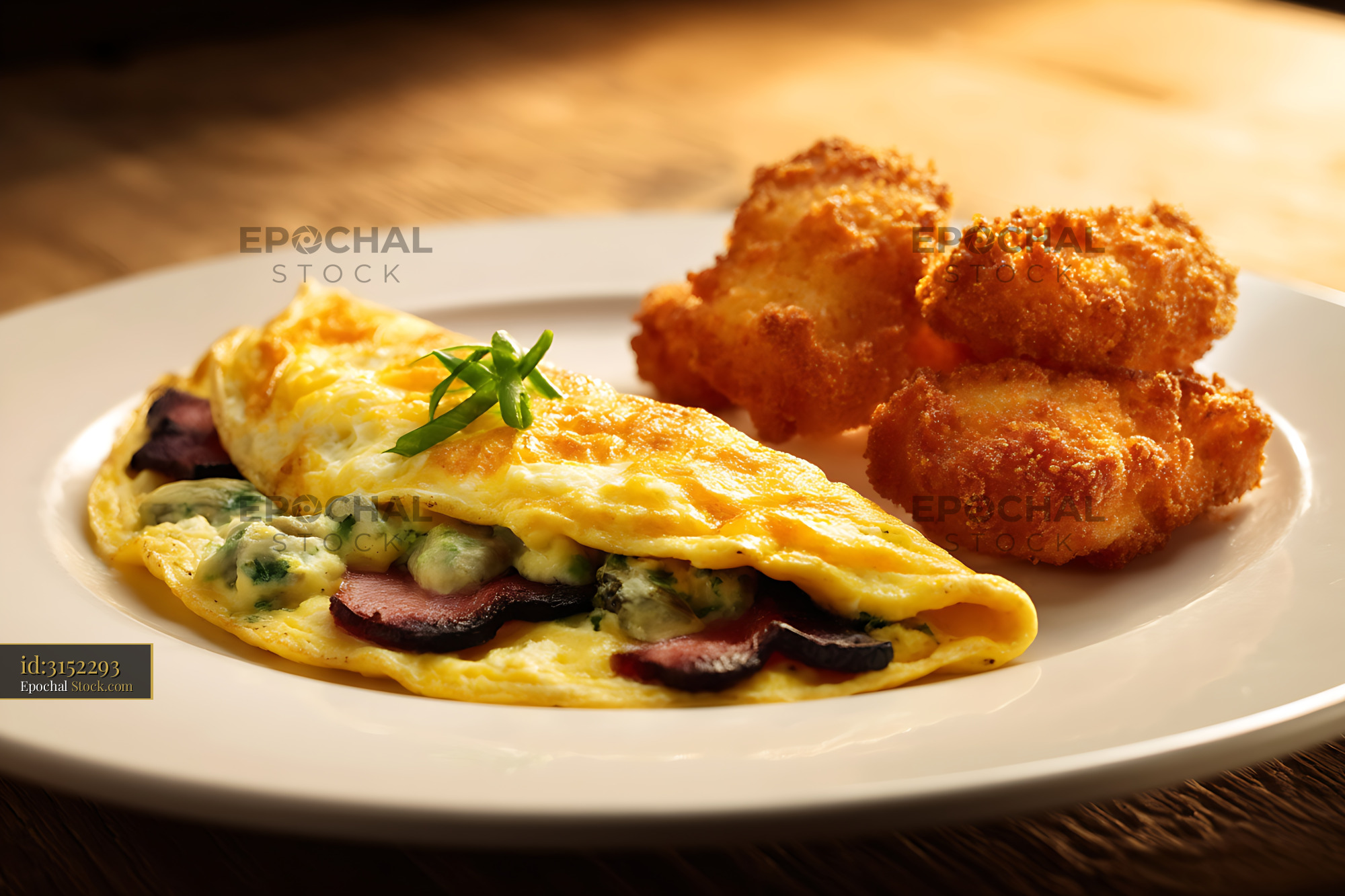 Golden Omelet with Bacon, Herbs & Fried Fritters - stock photo
