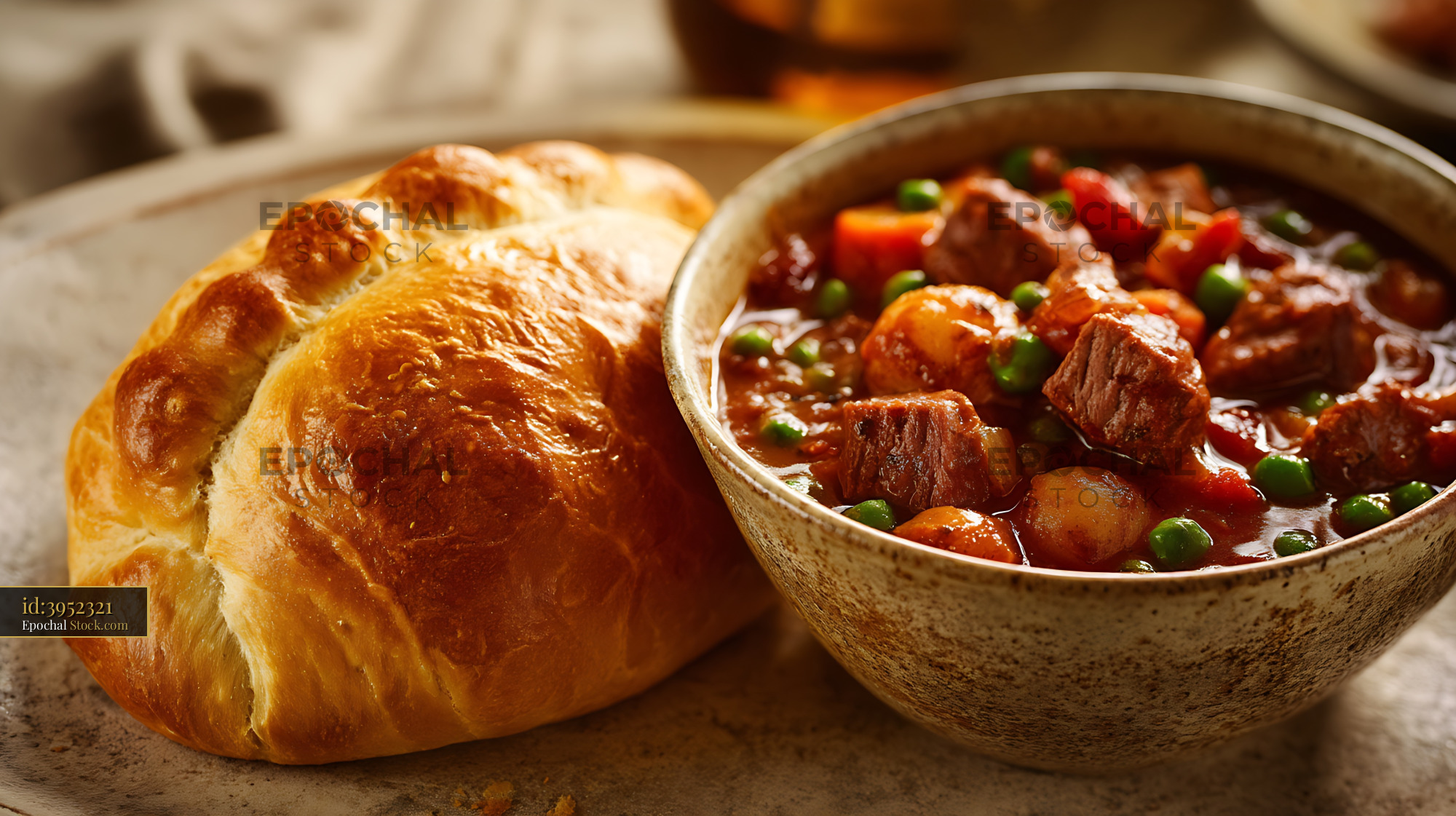 Beef Stew and Fresh Bread in Rustic Bowl - stock photo