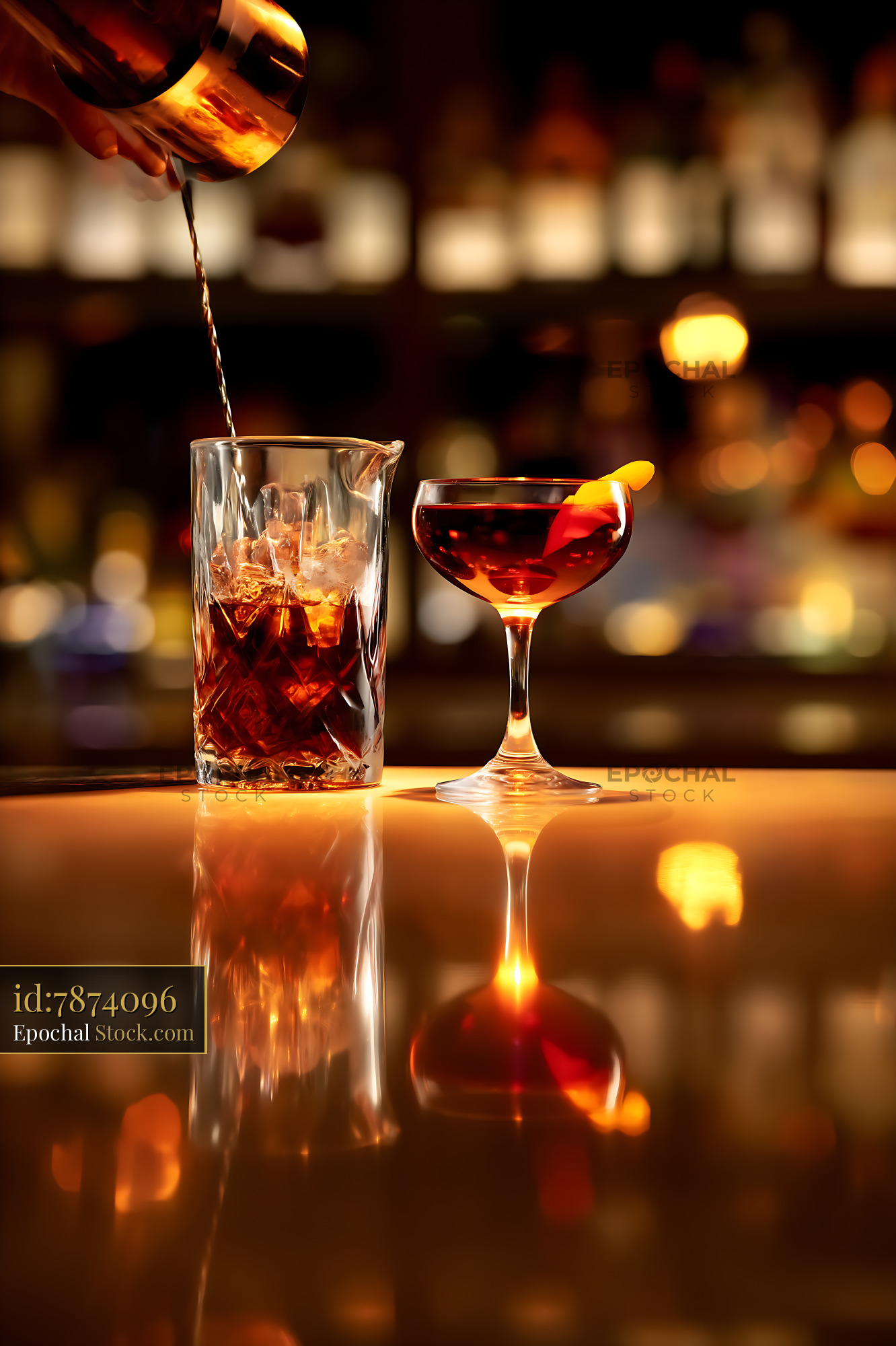 Bushwick Cocktail Poured Over Ice at Bar - stock photo