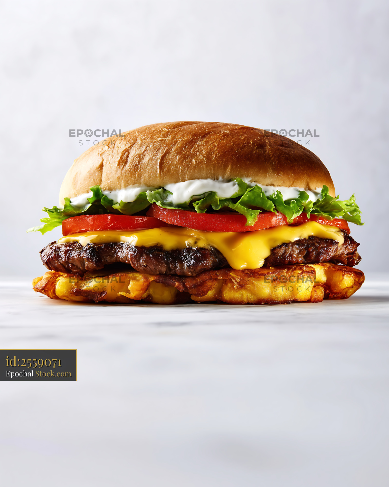 Gourmet Beef Cheeseburger with Crispy Waffle Fries - stock photo