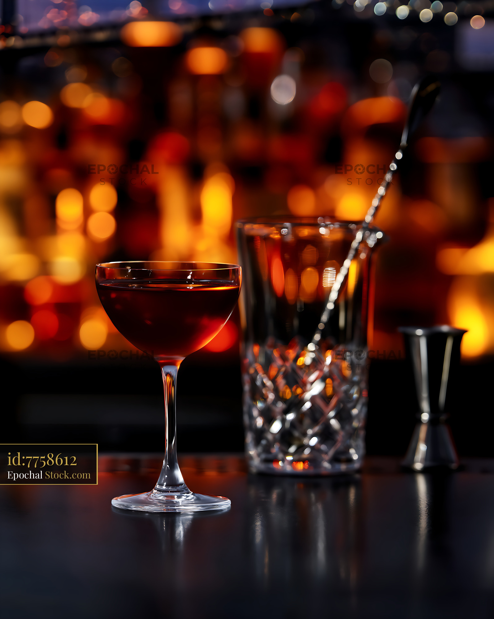 Bushwick Cocktail With Mixing Glass at Bar - stock photo