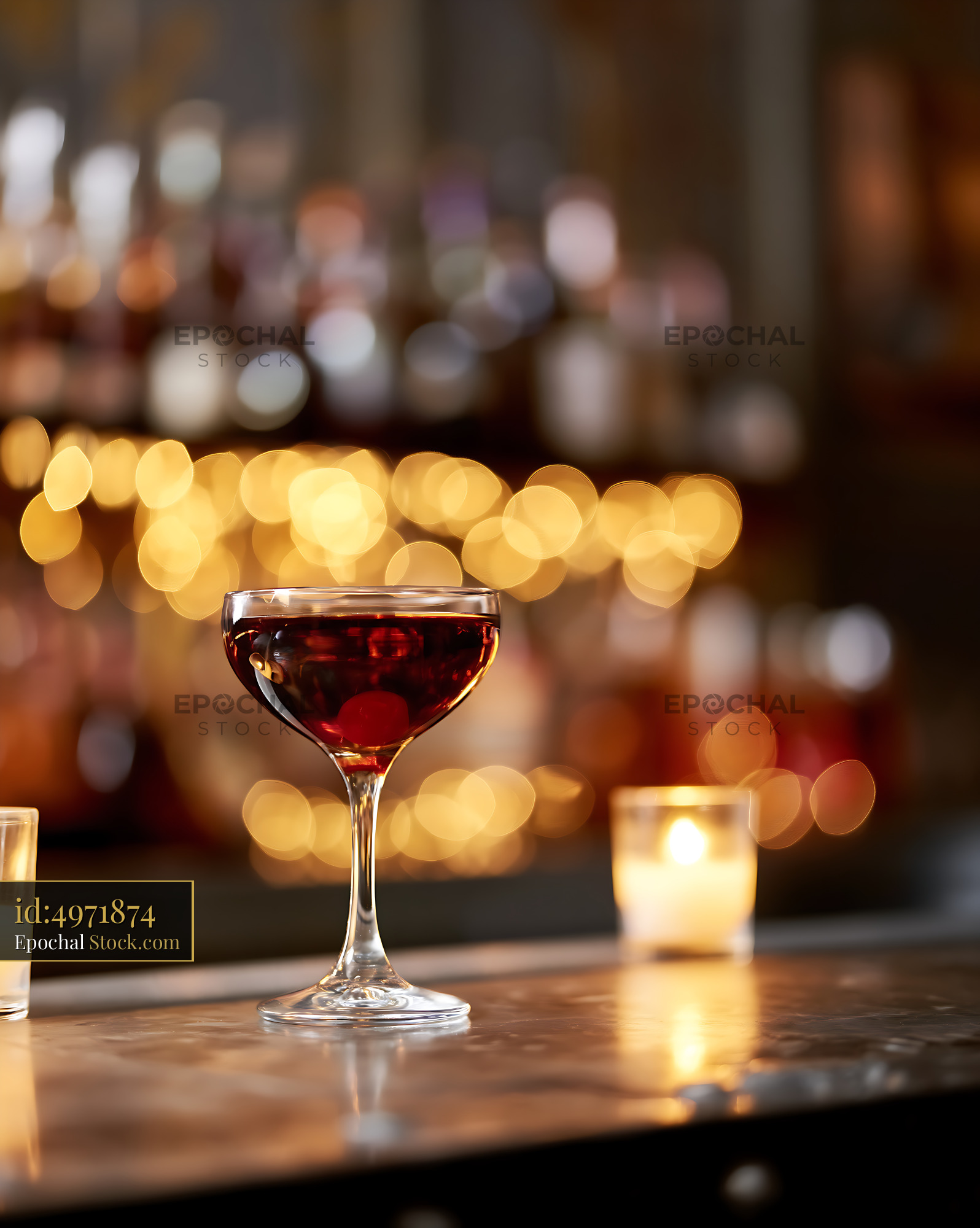 Bushwick Cocktail in Coupe Glass, Warm Bar Ambiance - stock photo