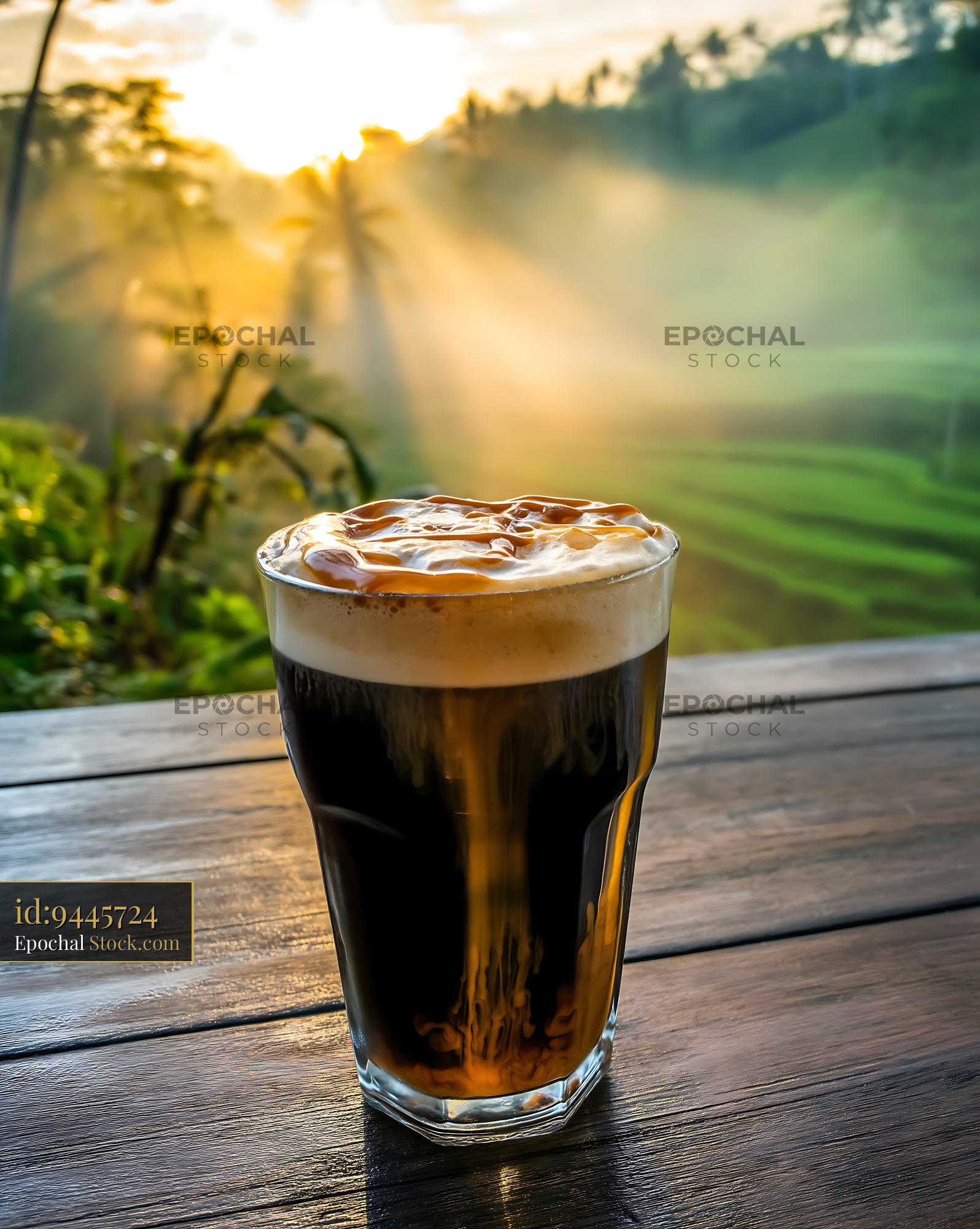 Nitro Caramel Coffee with Golden Hour Landscape - stock photo