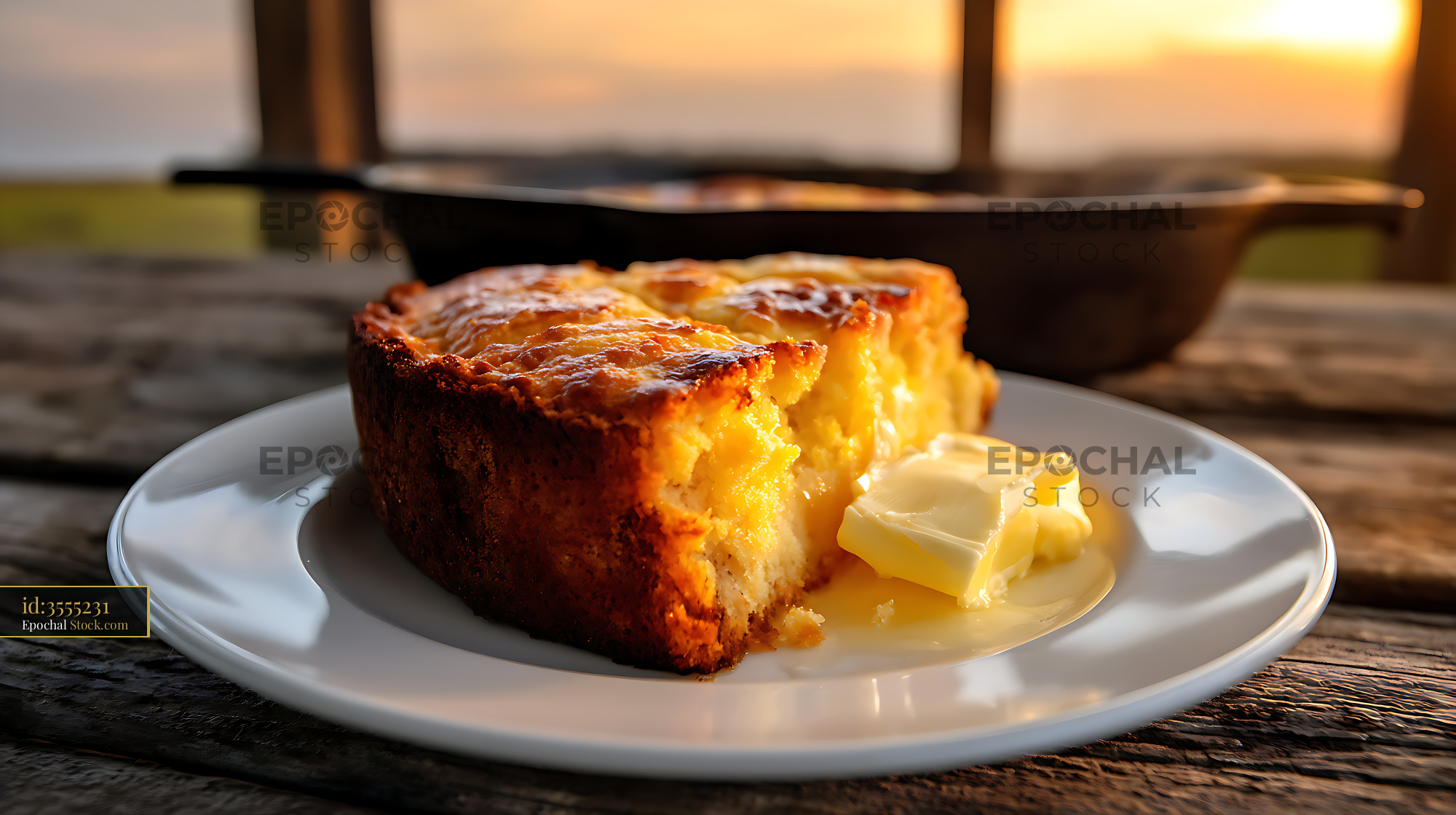 Golden Cake Slice with Melting Butter at Sunset - stock photo
