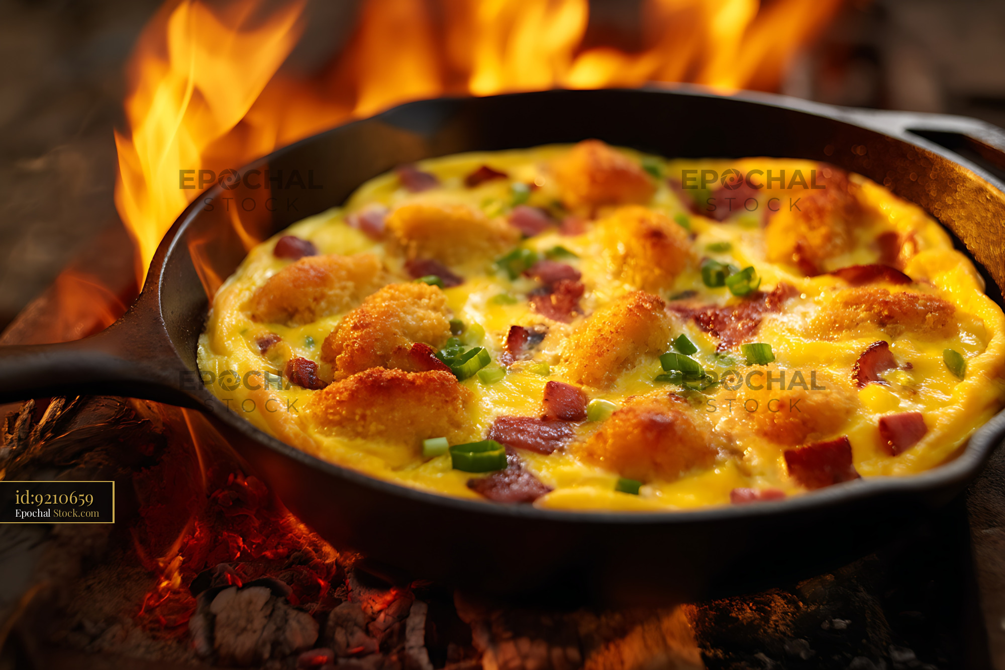 Campfire Skillet Omelet with Bacon and Scallions - stock photo