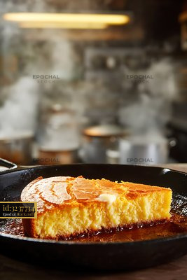 Steaming Cornbread Slice in Cast Iron Skillet with Butter - stock photo