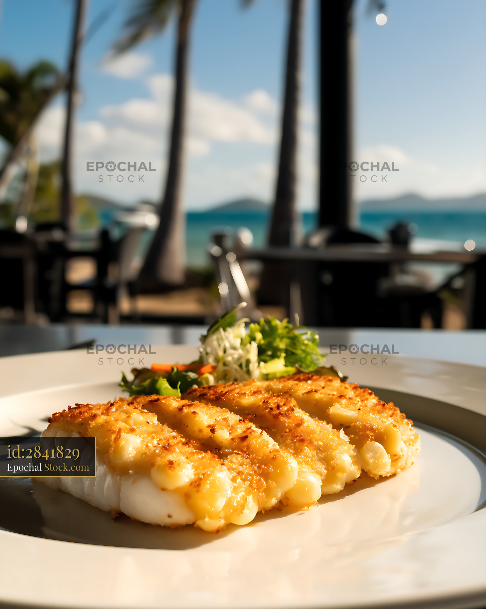 Seared Scallops Plated at Tropical Beachfront - stock photo