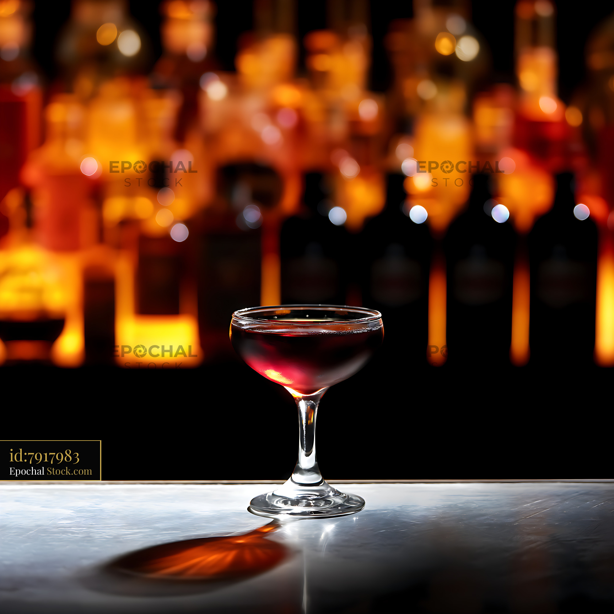 Craft Cocktail Glass on Bar with Bokeh Lights - stock photo