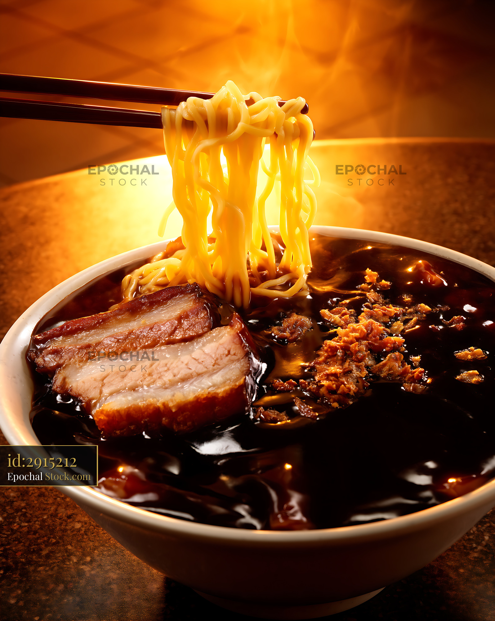 Chopsticks Lifting Noodles from Delicious Lor Mee Soup - stock photo