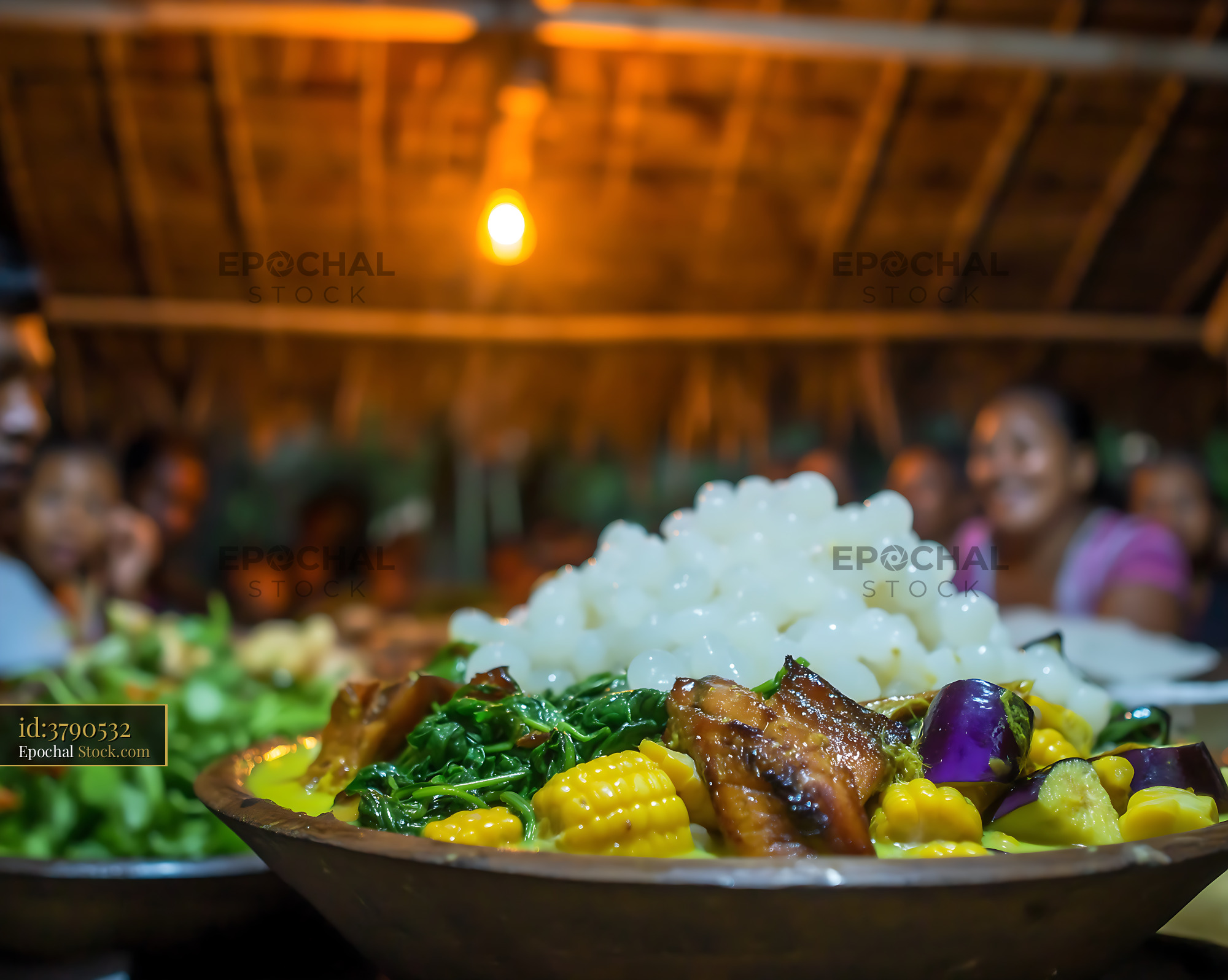 Hearty Lor Mee Soup Served at Rustic Communal Dinner - stock photo