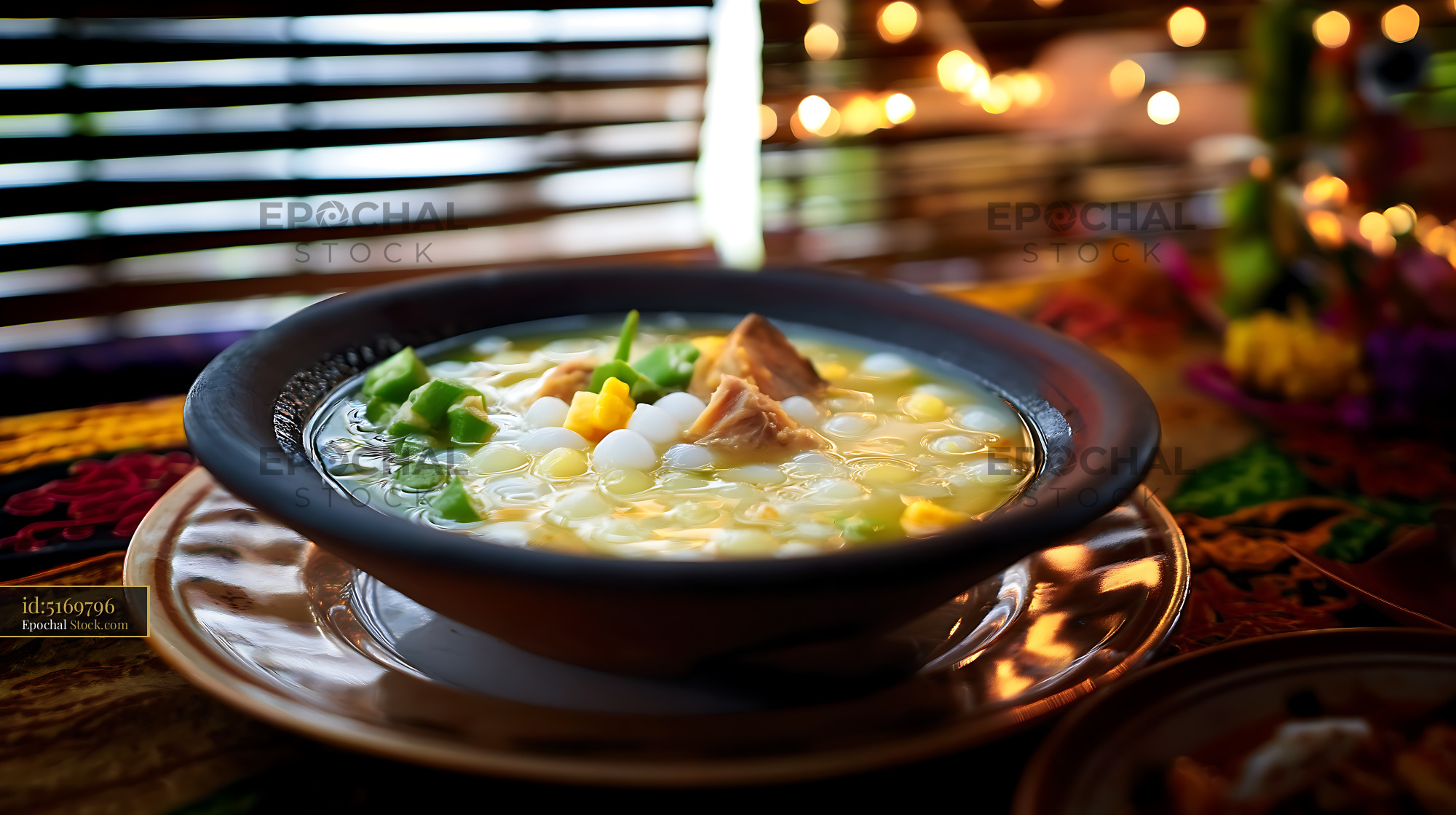 Hearty Lor Mee Soup on Patterned Table with Bokeh Lights - stock photo