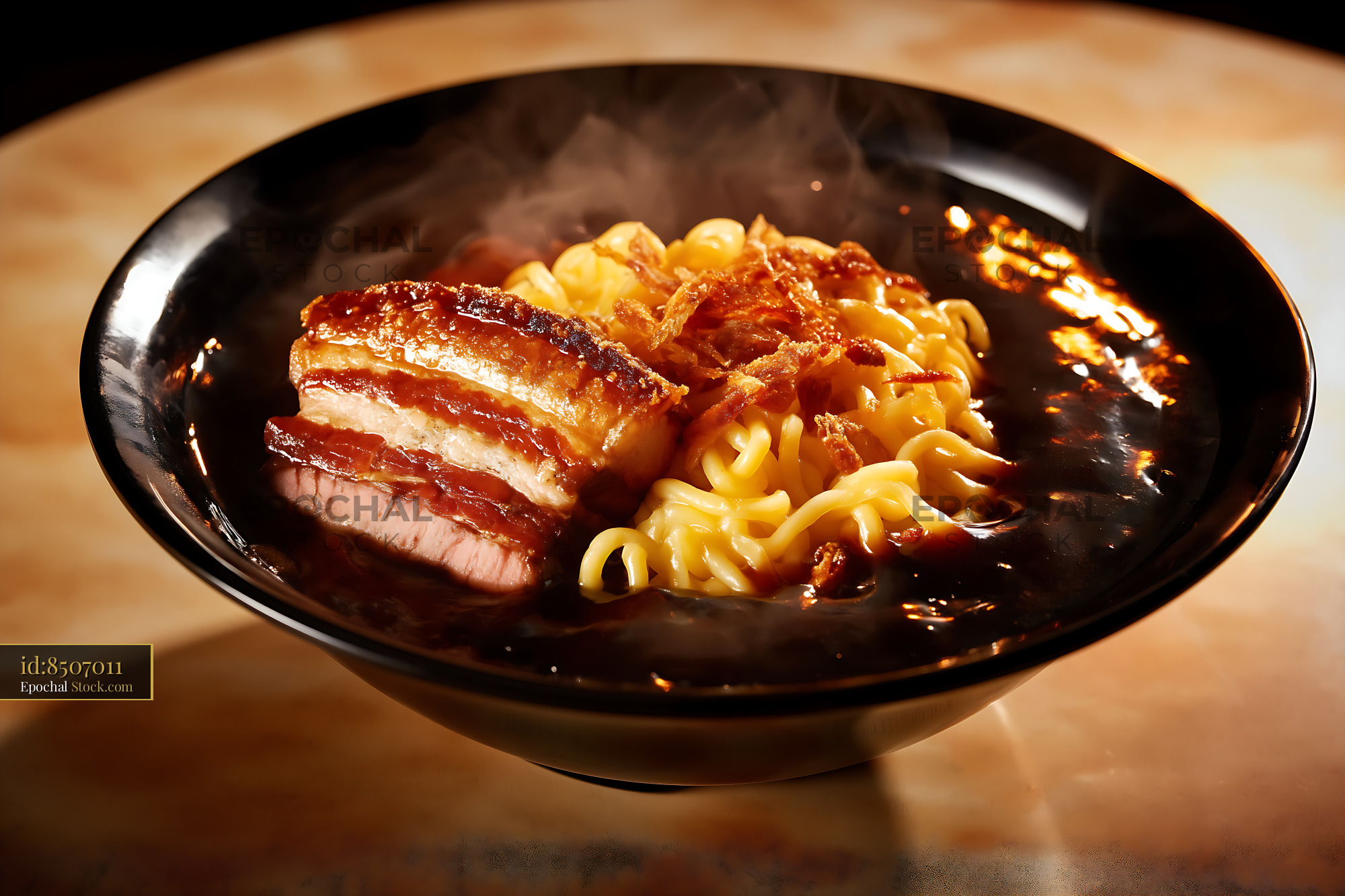 Steaming Lor Mee Soup with Crispy Pork Belly and Noodles - stock photo