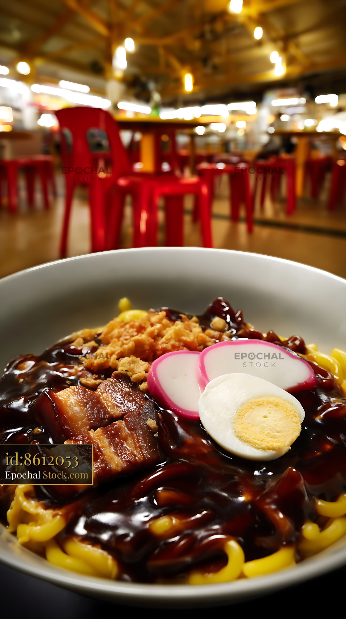 Lor Mee Soup with Braised Pork Belly and Egg in Food Court - stock photo