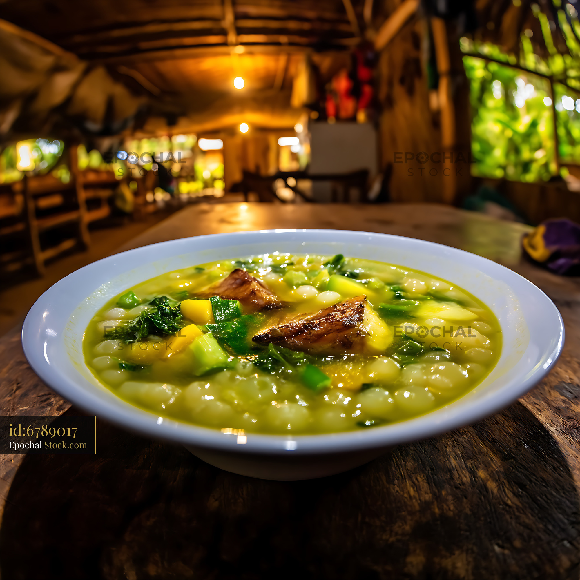 Rustic Lor Mee Soup Bowl on Wooden Table in Eatery - stock photo