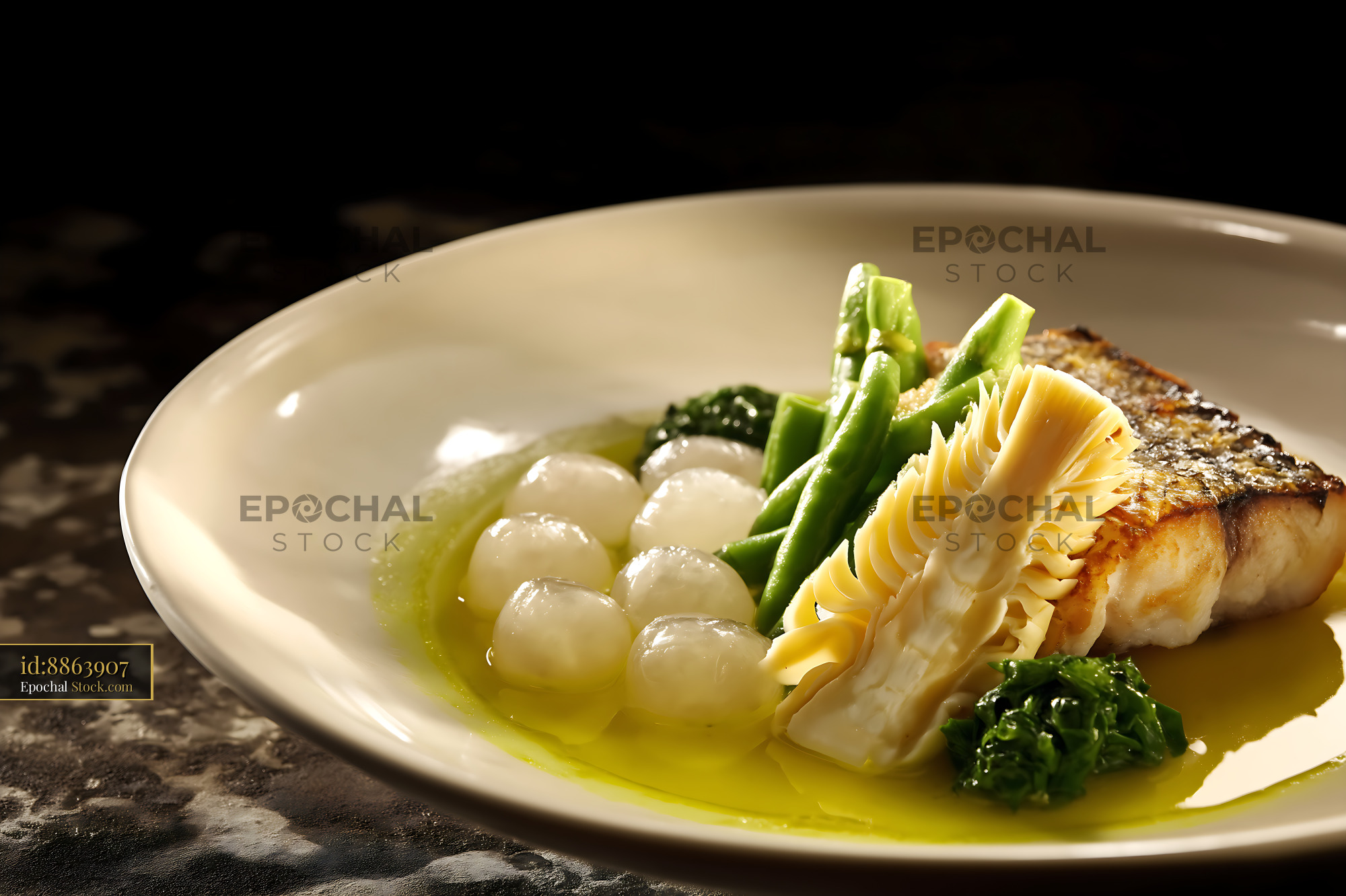 Pan-Seared Fish and Vegetables, Modern Lor Mee Soup Style - stock photo