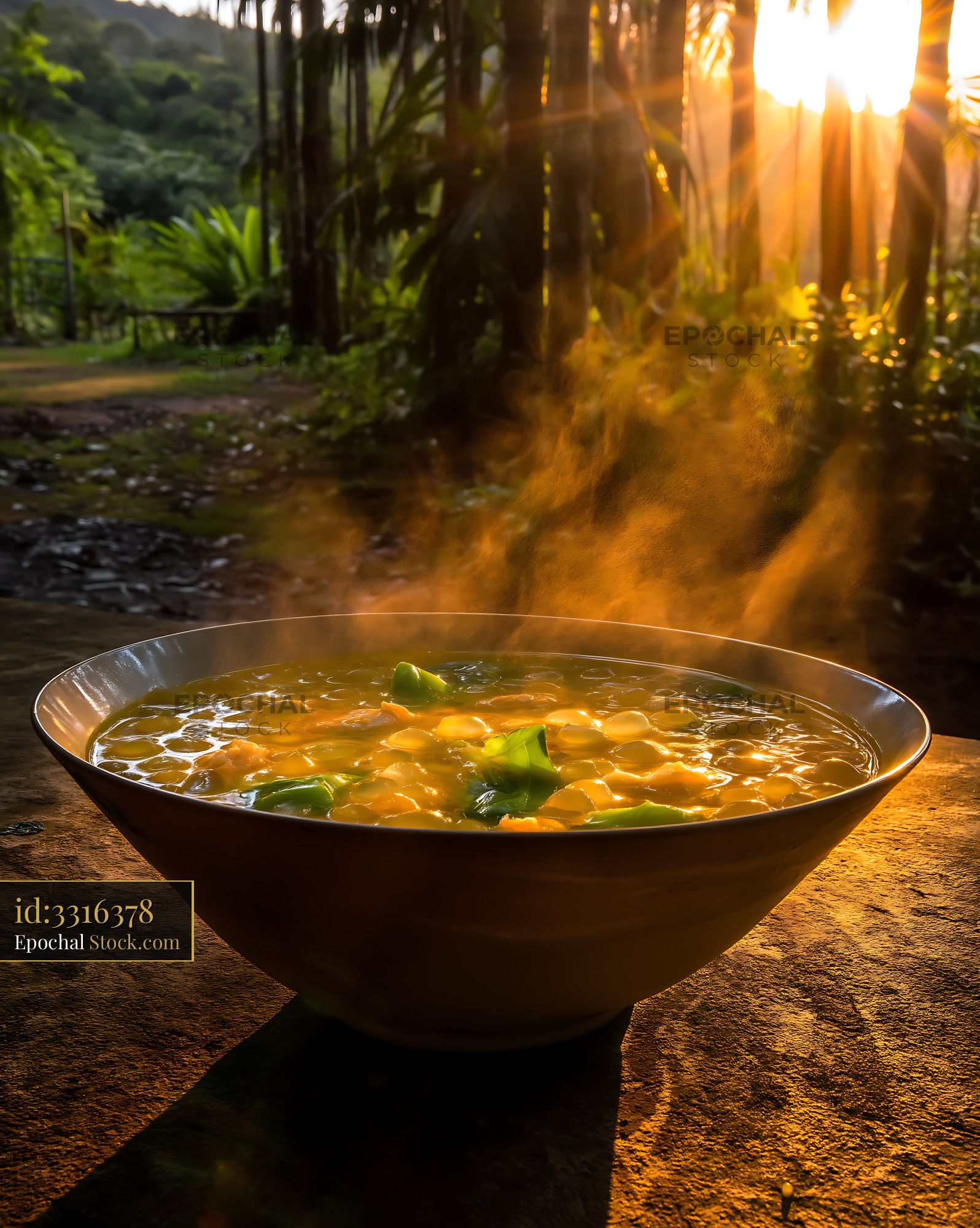 Lor Mee Soup Steaming in Golden Jungle Sunset - stock photo