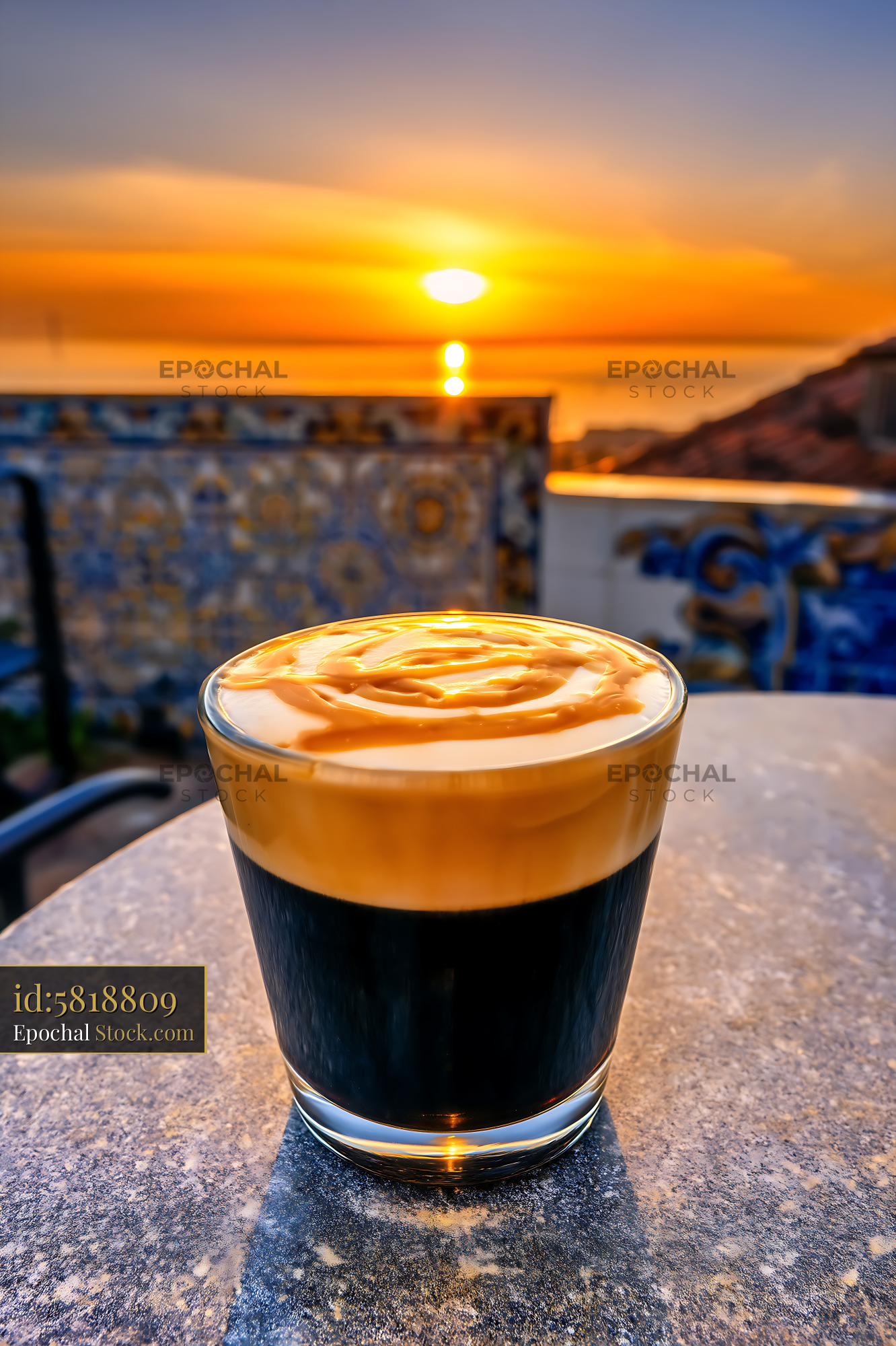 Nitro Caramel Coffee with Sunset Ocean View - stock photo