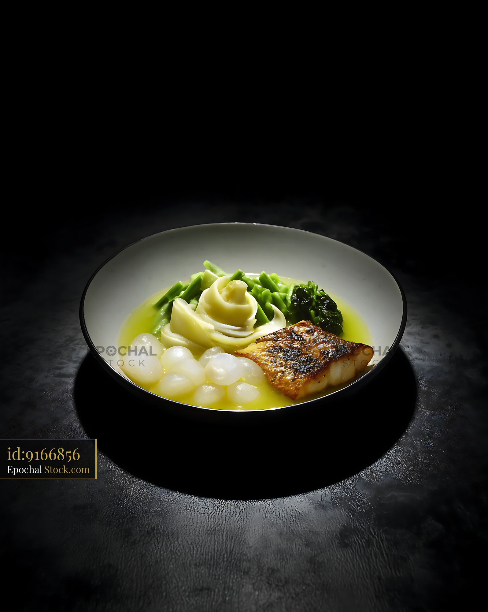 Modern Lor Mee Soup with Fish, Scallops, and Greens - stock photo