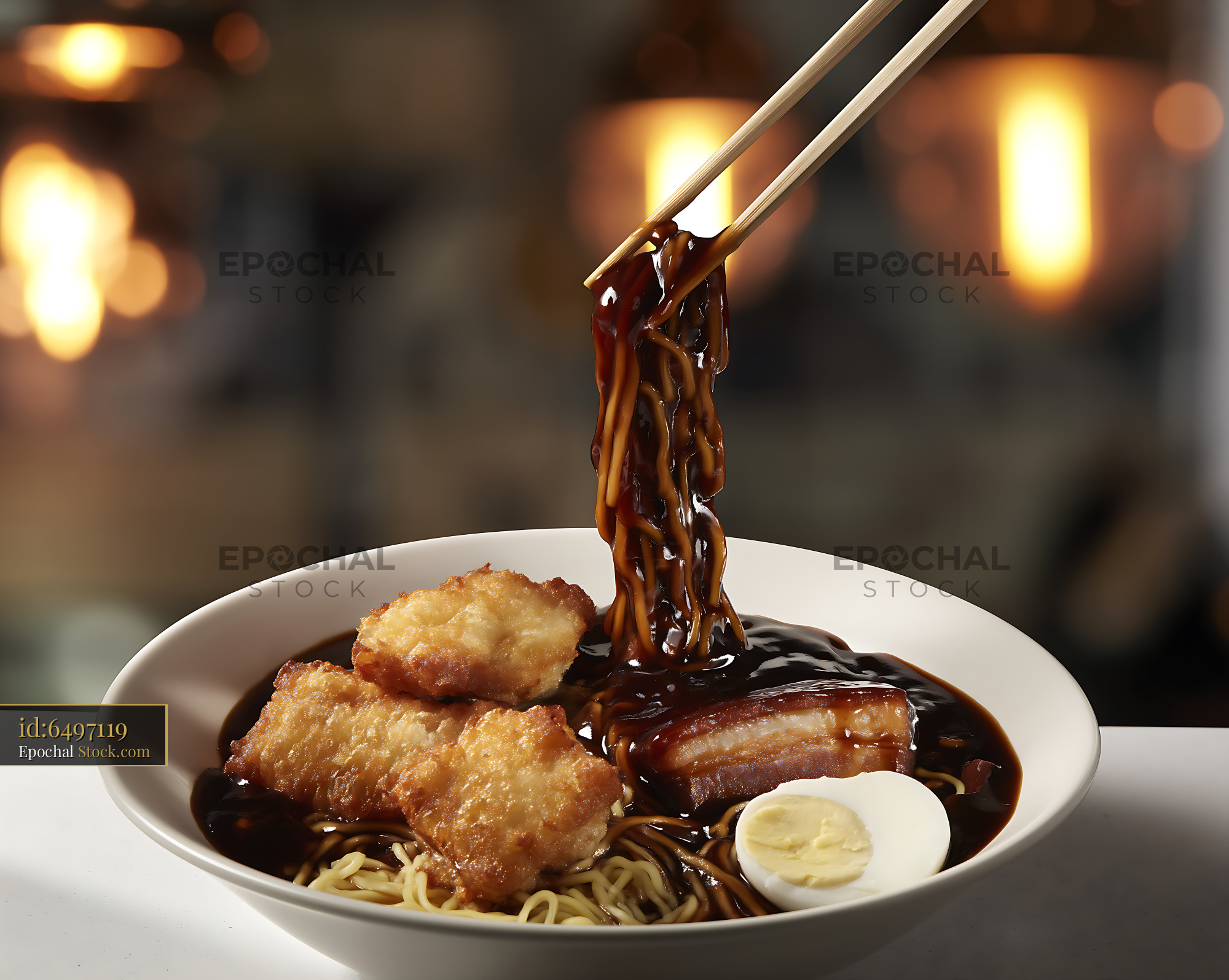 Lor Mee Soup with Noodles, Pork Belly, and Fried Items - stock photo
