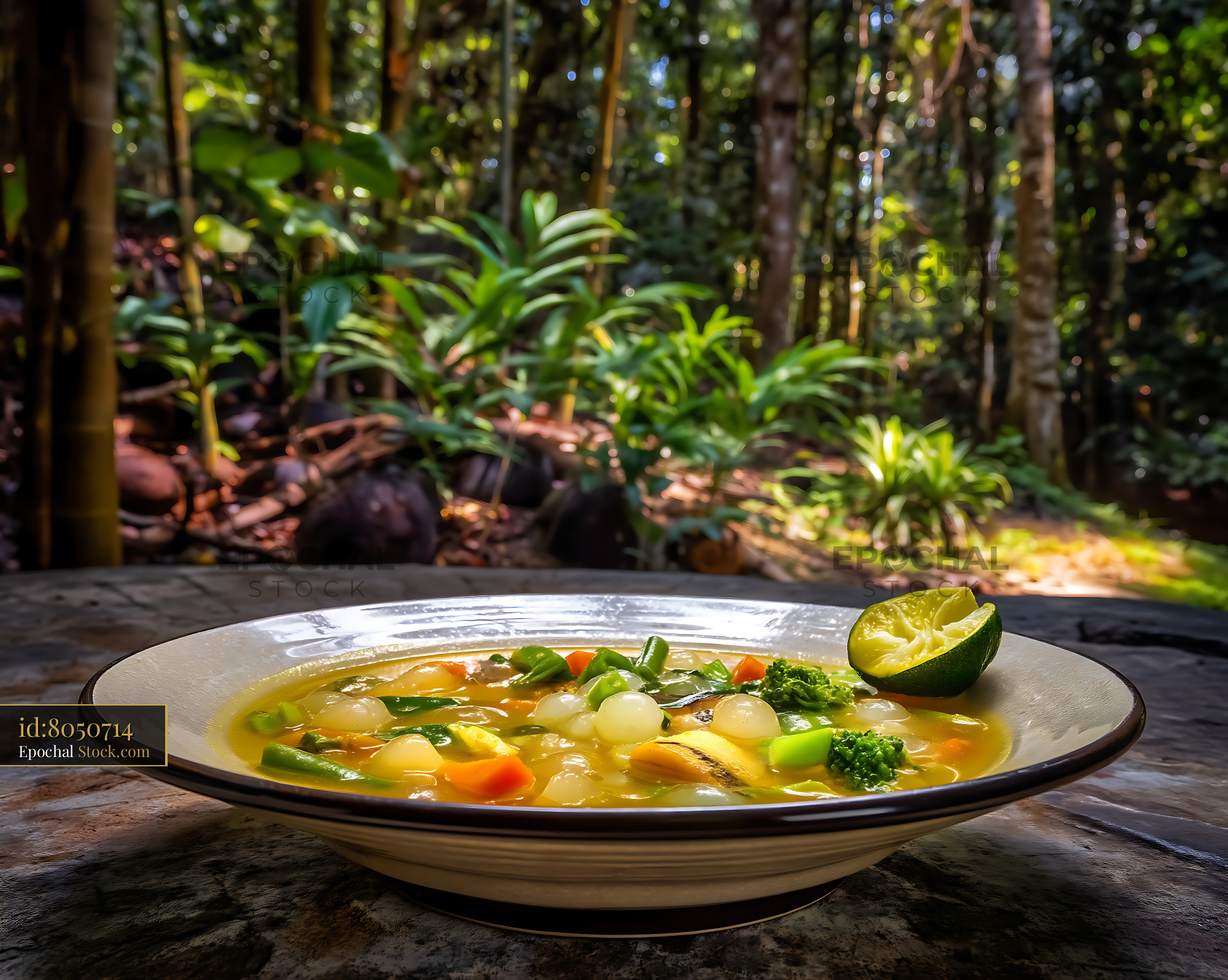 Fresh Lor Mee Soup with Lime in Lush Jungle Setting - stock photo