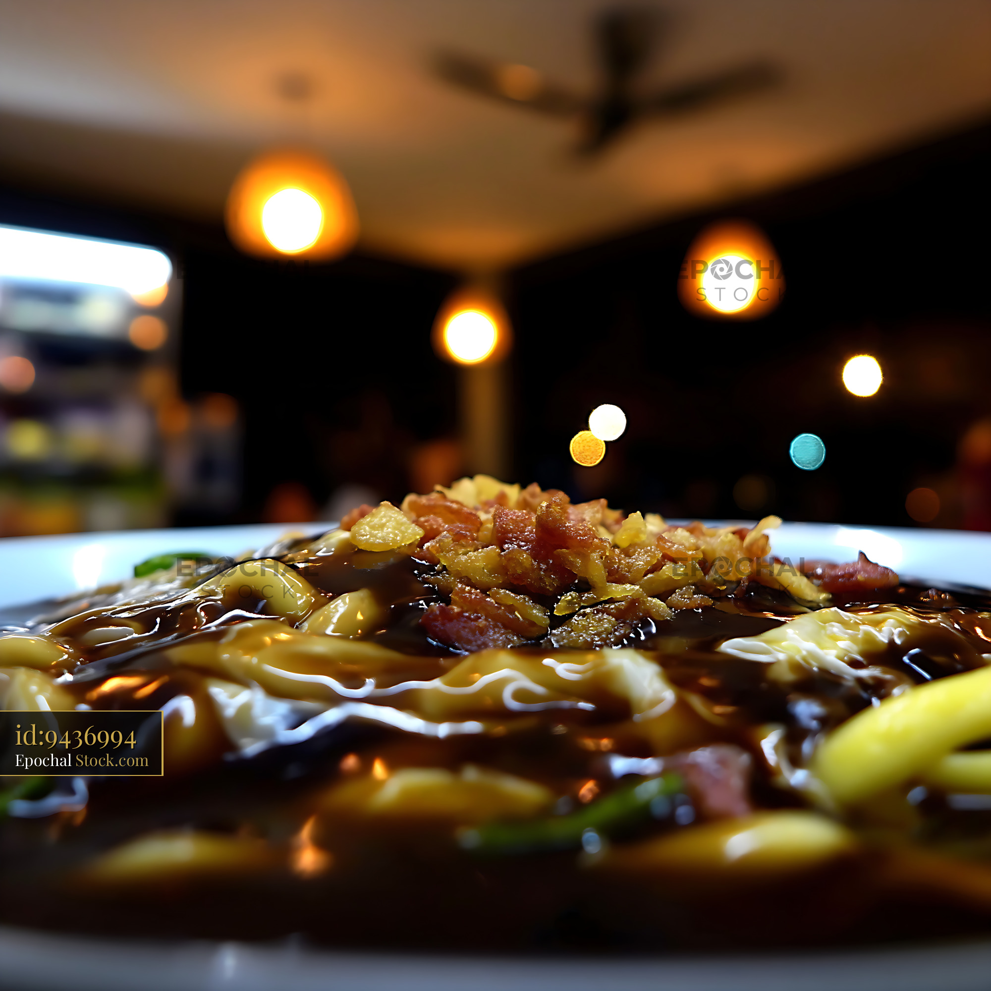 Lor Mee Soup Noodles with Crispy Toppings in Restaurant - stock photo