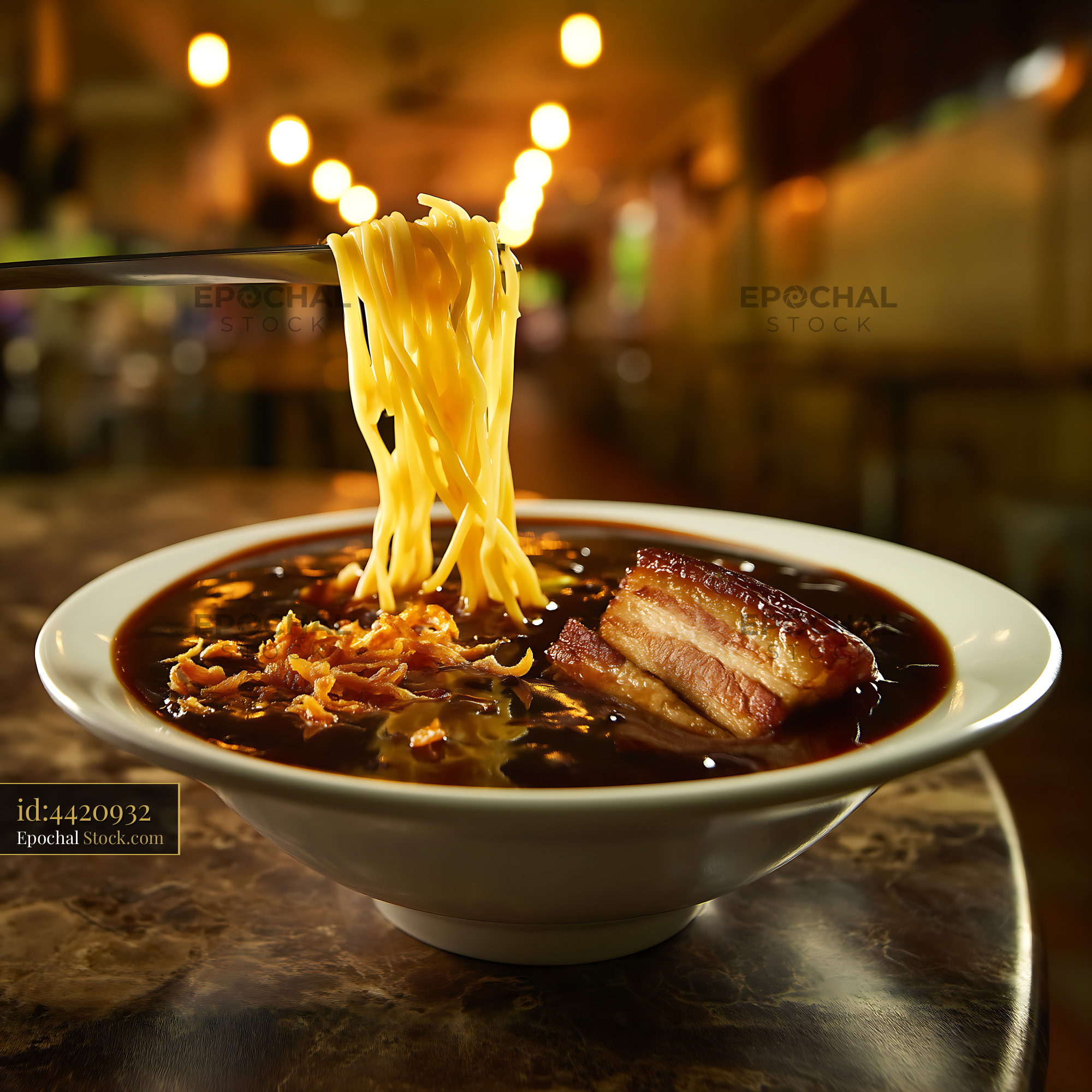 Lor Mee Soup Noodles Pulled from Bowl in Restaurant - stock photo
