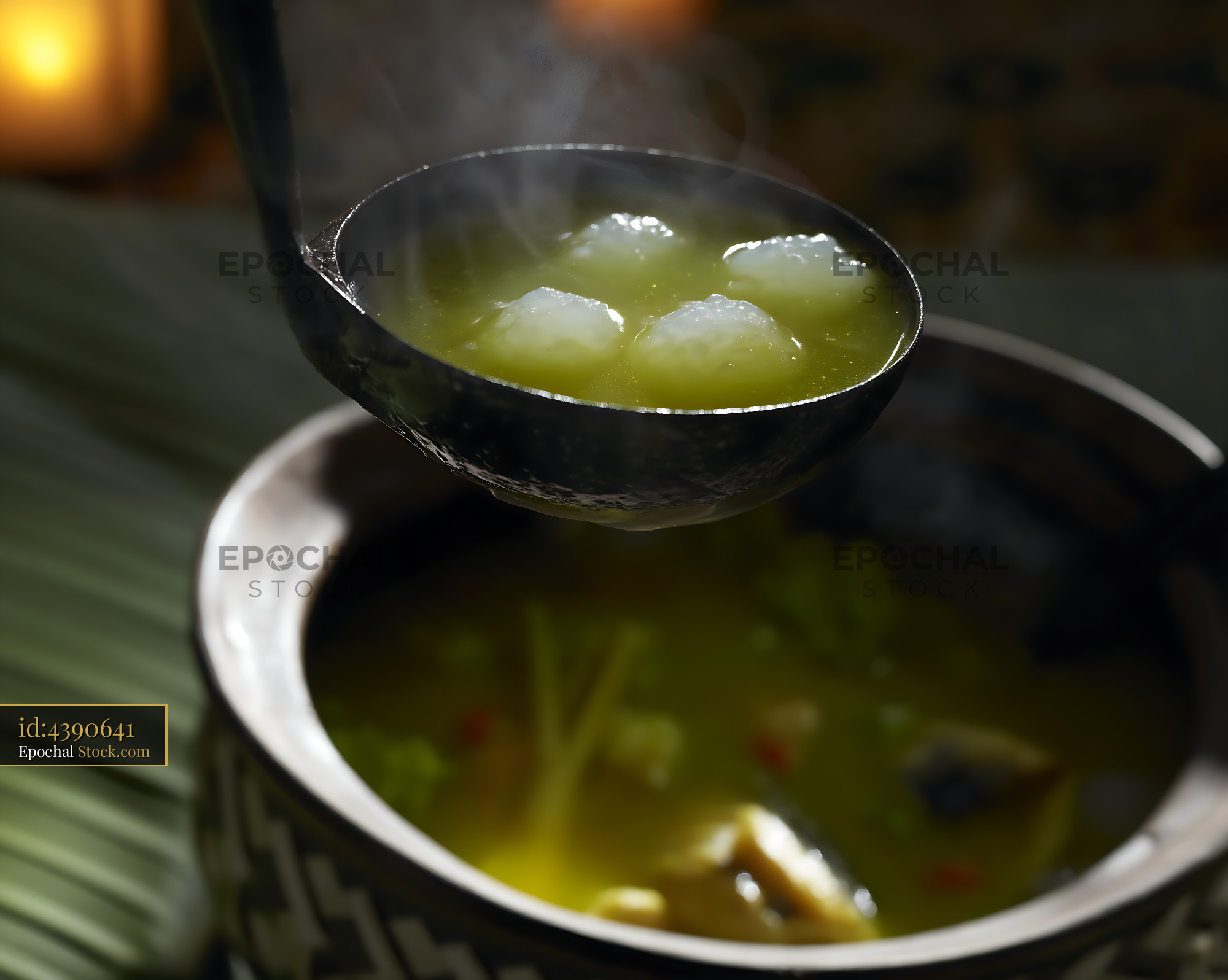 Steaming Lor Mee Soup with Dumplings in Ladle - stock photo