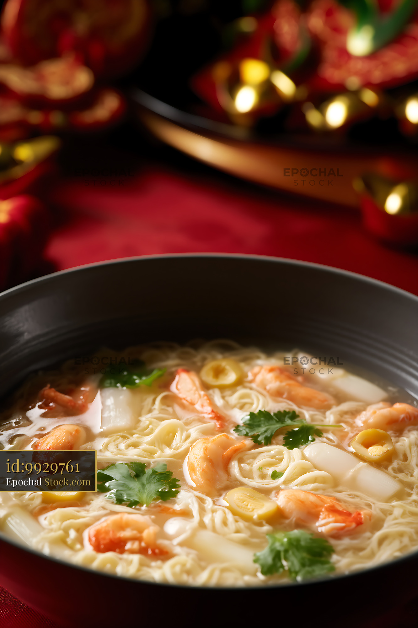 Sup Mang Cua Soup with Shrimp, Noodles, and Greens - stock photo