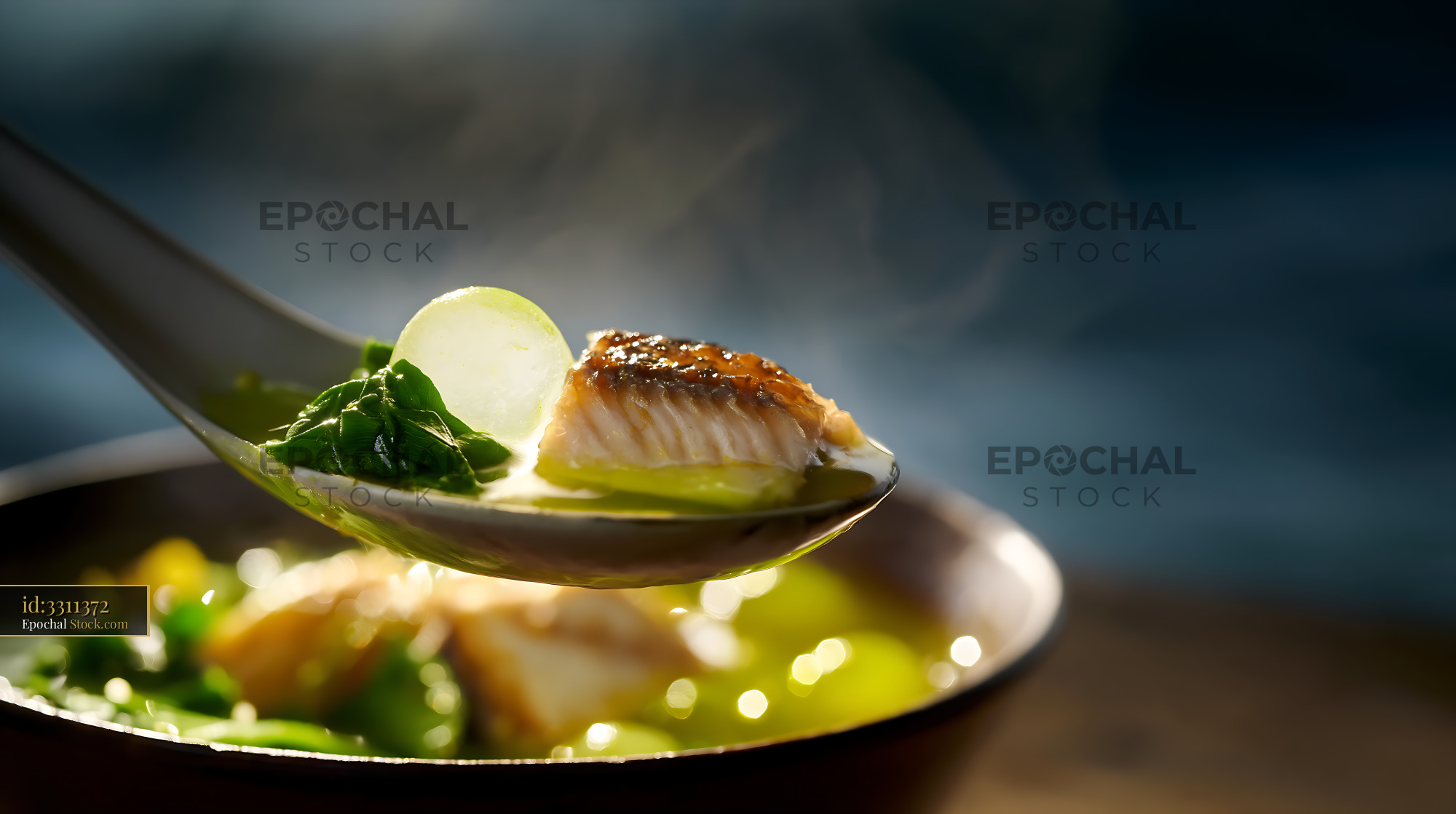 Steaming Lor Mee Soup with Fish and Greens on Spoon - stock photo