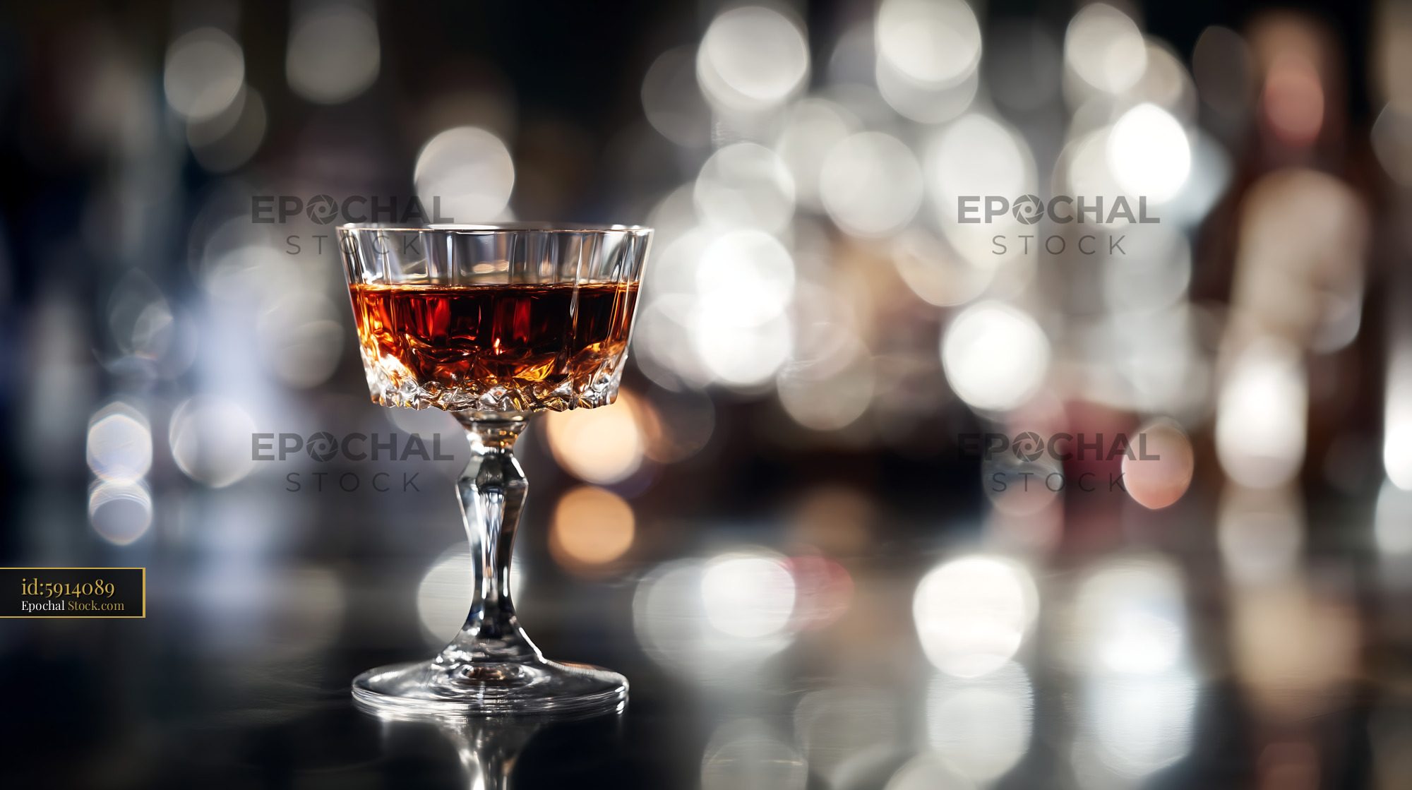 Classic Cocktail Glass with Amber Drink, Bar Bokeh - stock photo