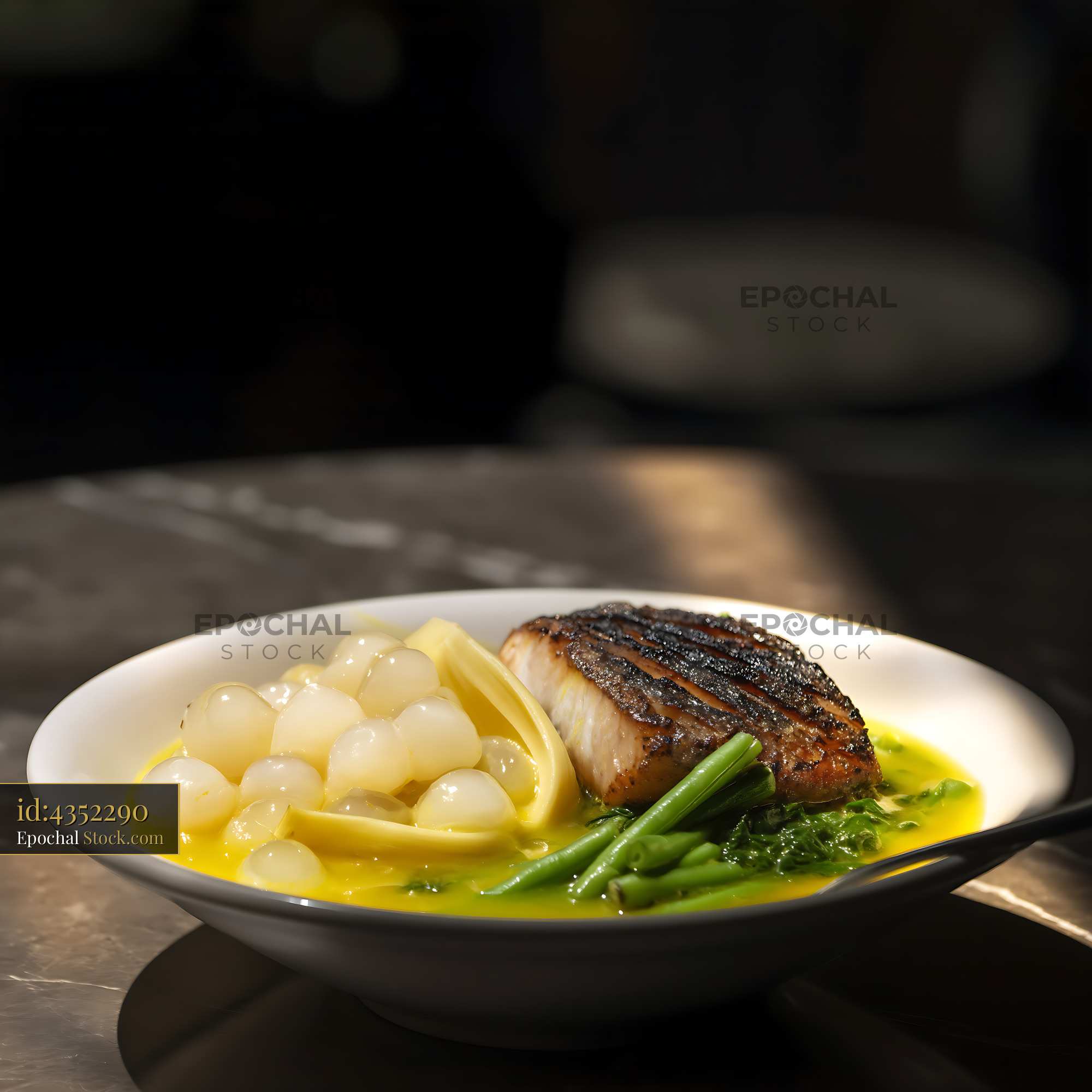 Grilled Fish with Kapurung Soup [Adobe ] and Green Beans - stock photo