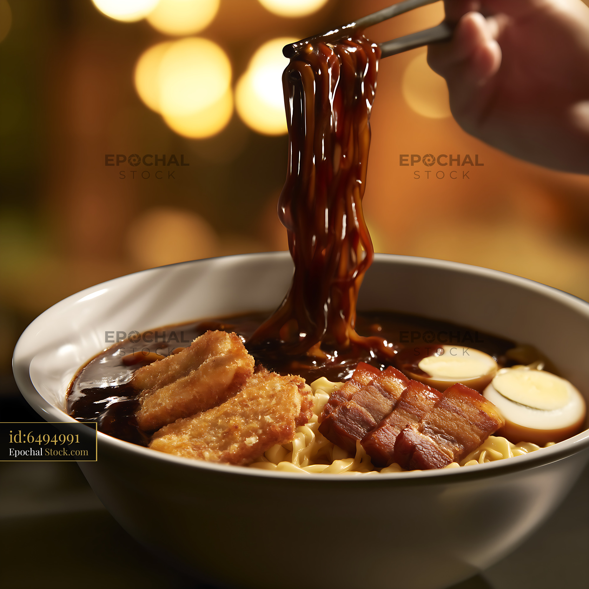 Authentic Lor Mee Soup with Noodles Lifted by Chopsticks - stock photo