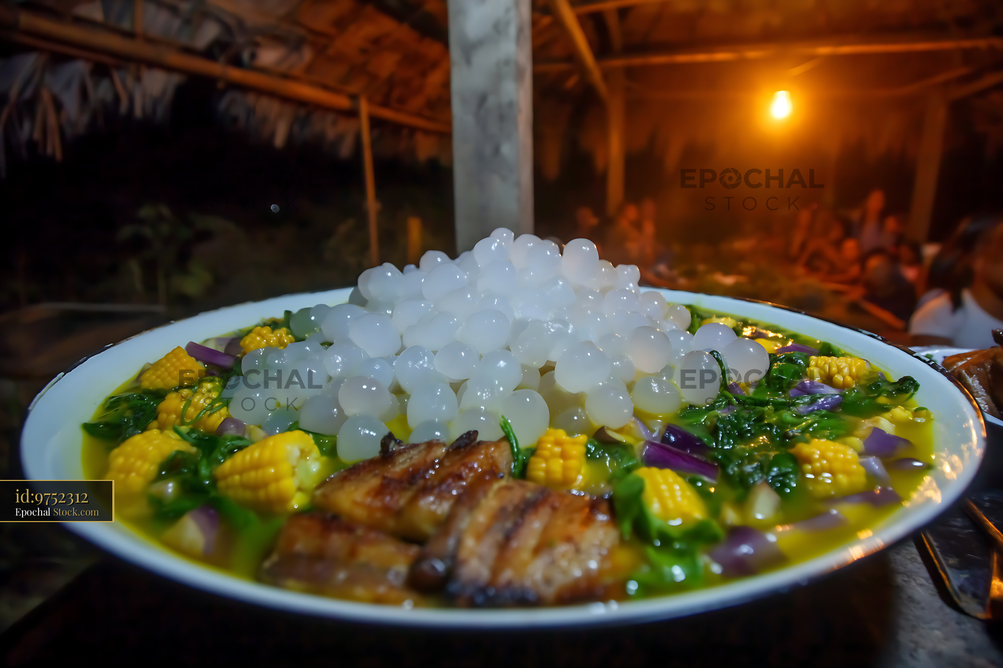 Traditional Lor Mee Soup with Pearls, Corn, and Pork - stock photo