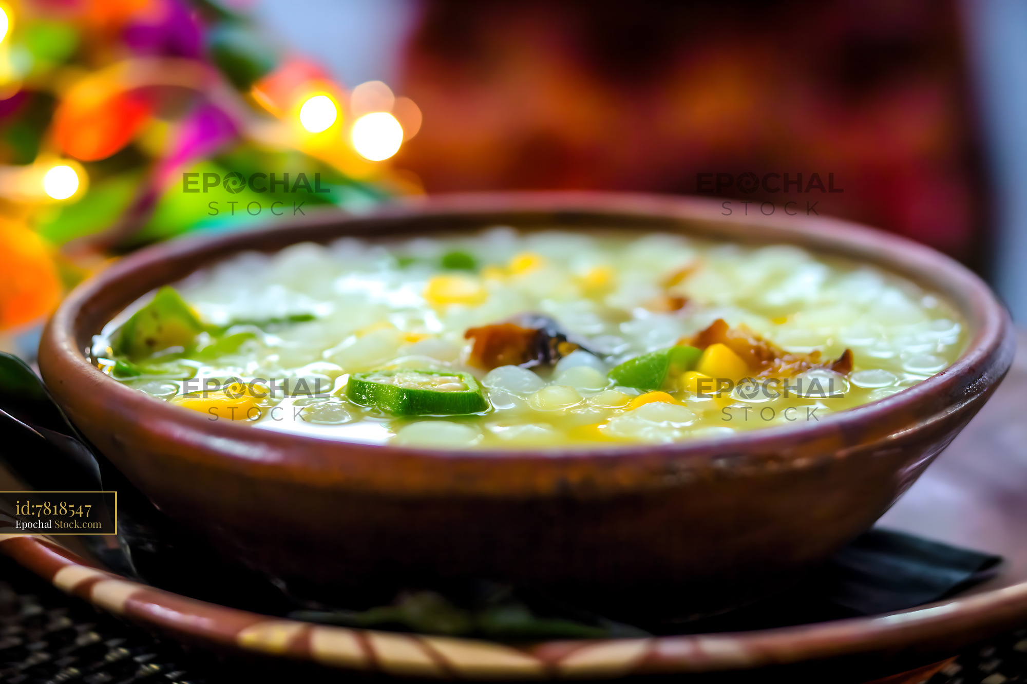 Kapurung Soup Served in Rustic Bowl with Festive Lights - stock photo