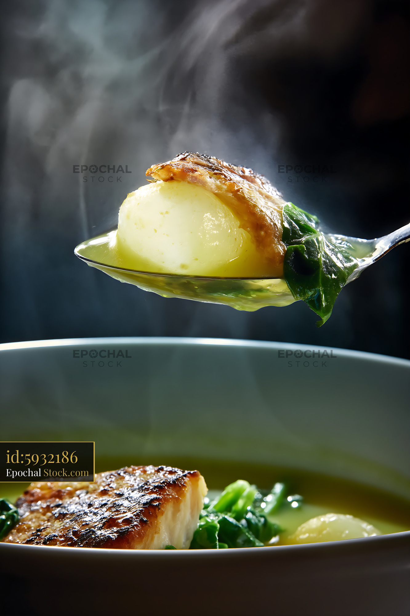 Steaming Lor Mee Soup Served with Crispy Fish and Greens - stock photo