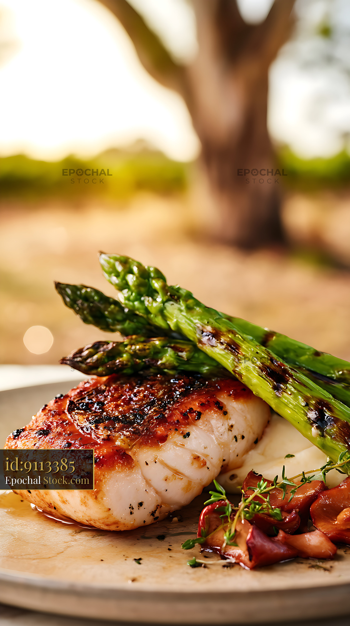 Pan-Seared Murray Cod Fillet with Charred Asparagus - stock photo