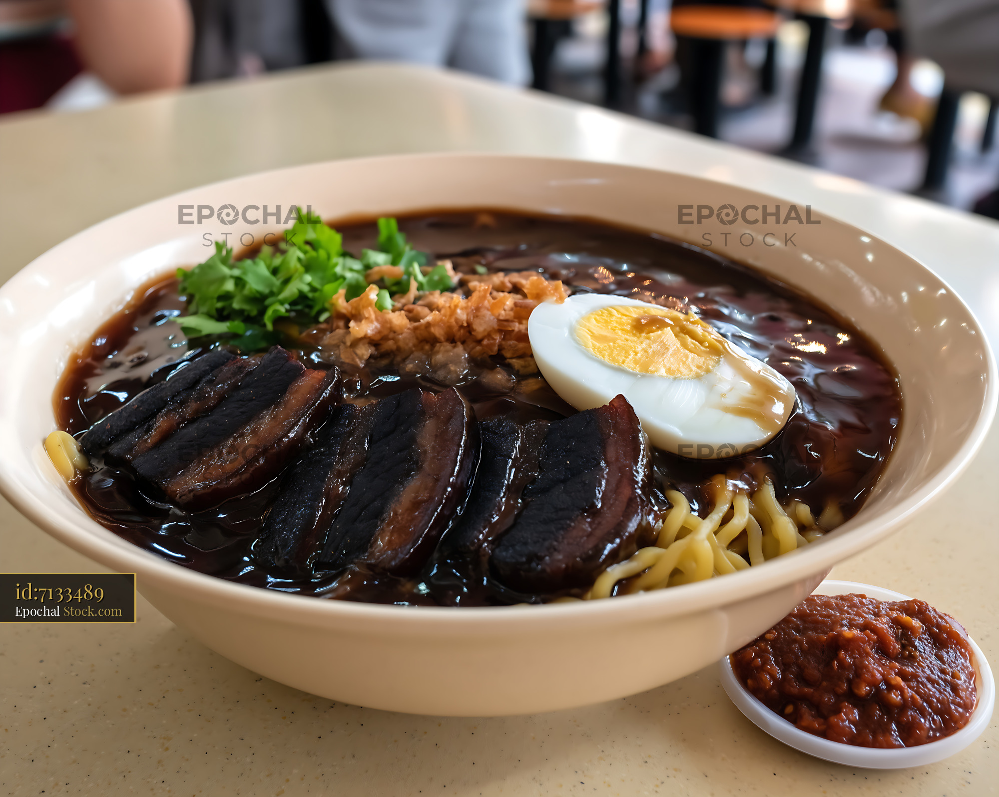 Hearty Lor Mee Soup with Braised Pork Belly, Egg, Noodles - stock photo