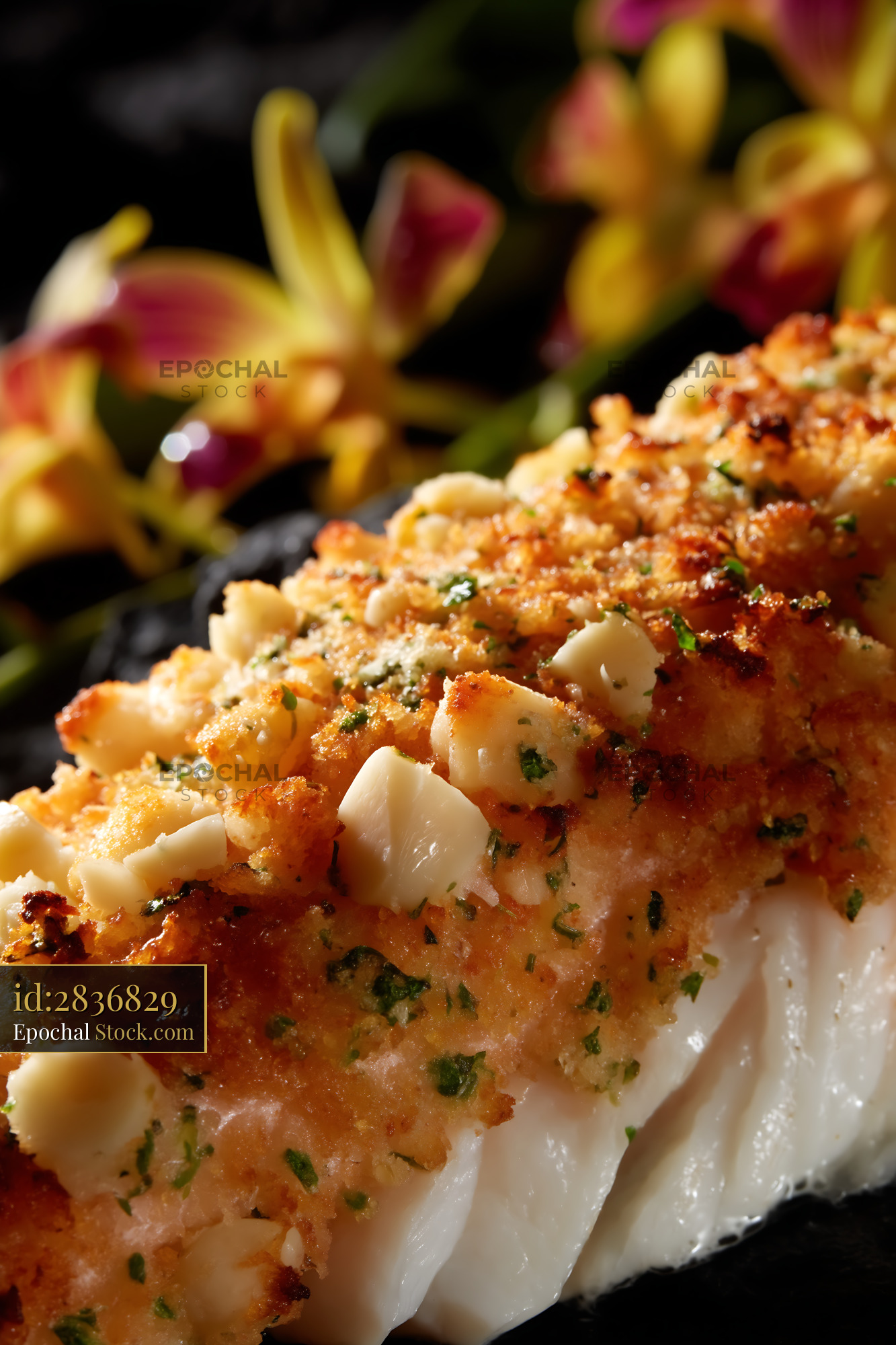 Gourmet Herb Crusted Fish with Scallops and Orchids - stock photo