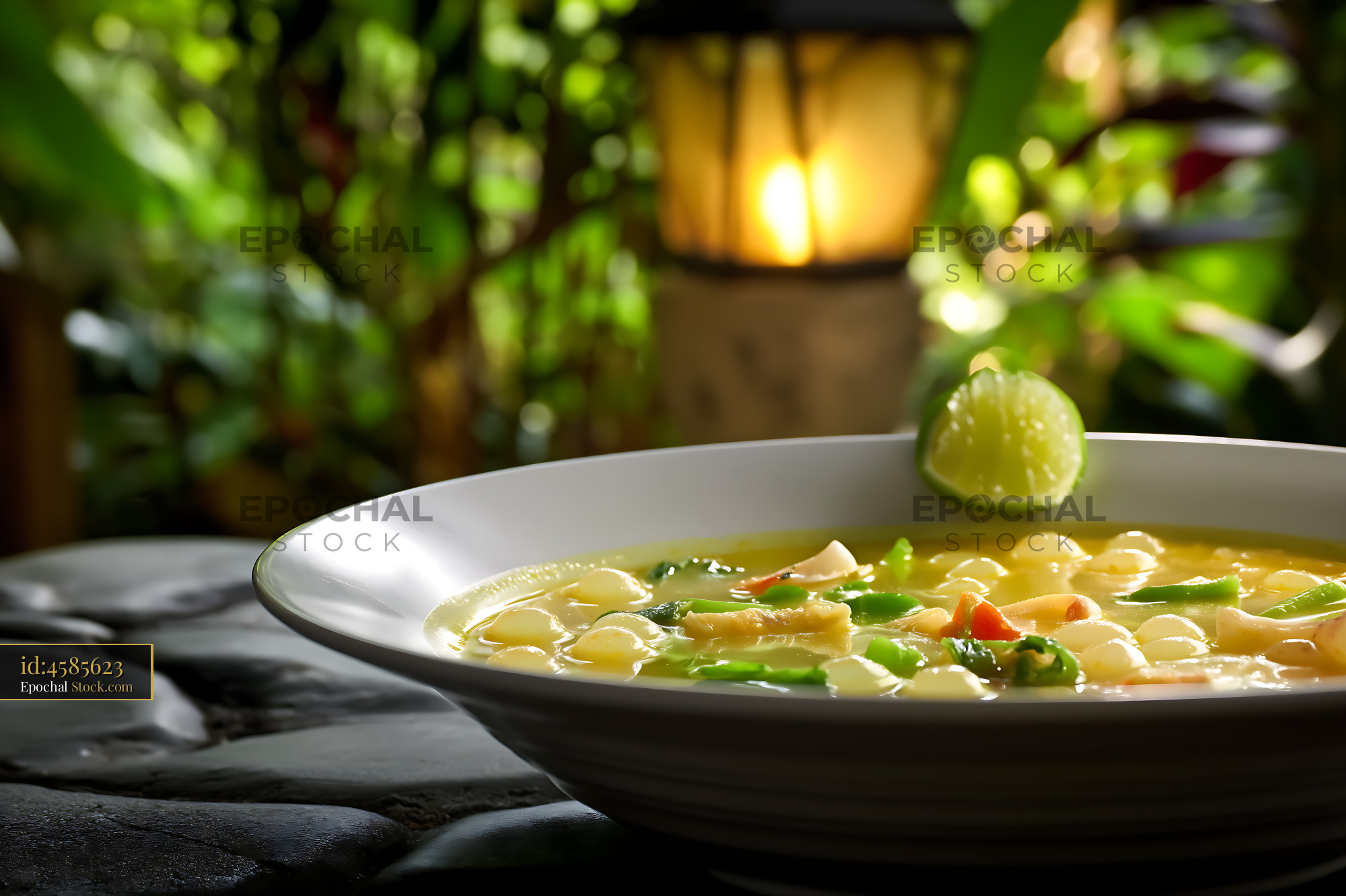 Kapurung Soup [Adobe ] with Lime in Lush Garden Setting - stock photo