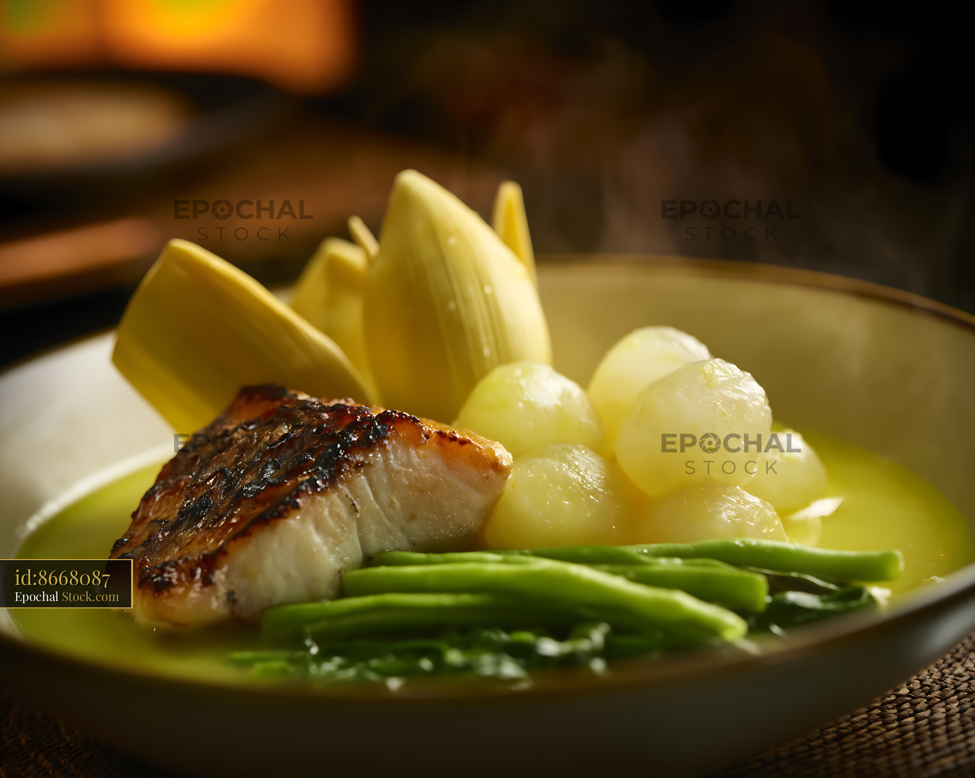 Gourmet Grilled Fish in Deconstructed Lor Mee Soup - stock photo