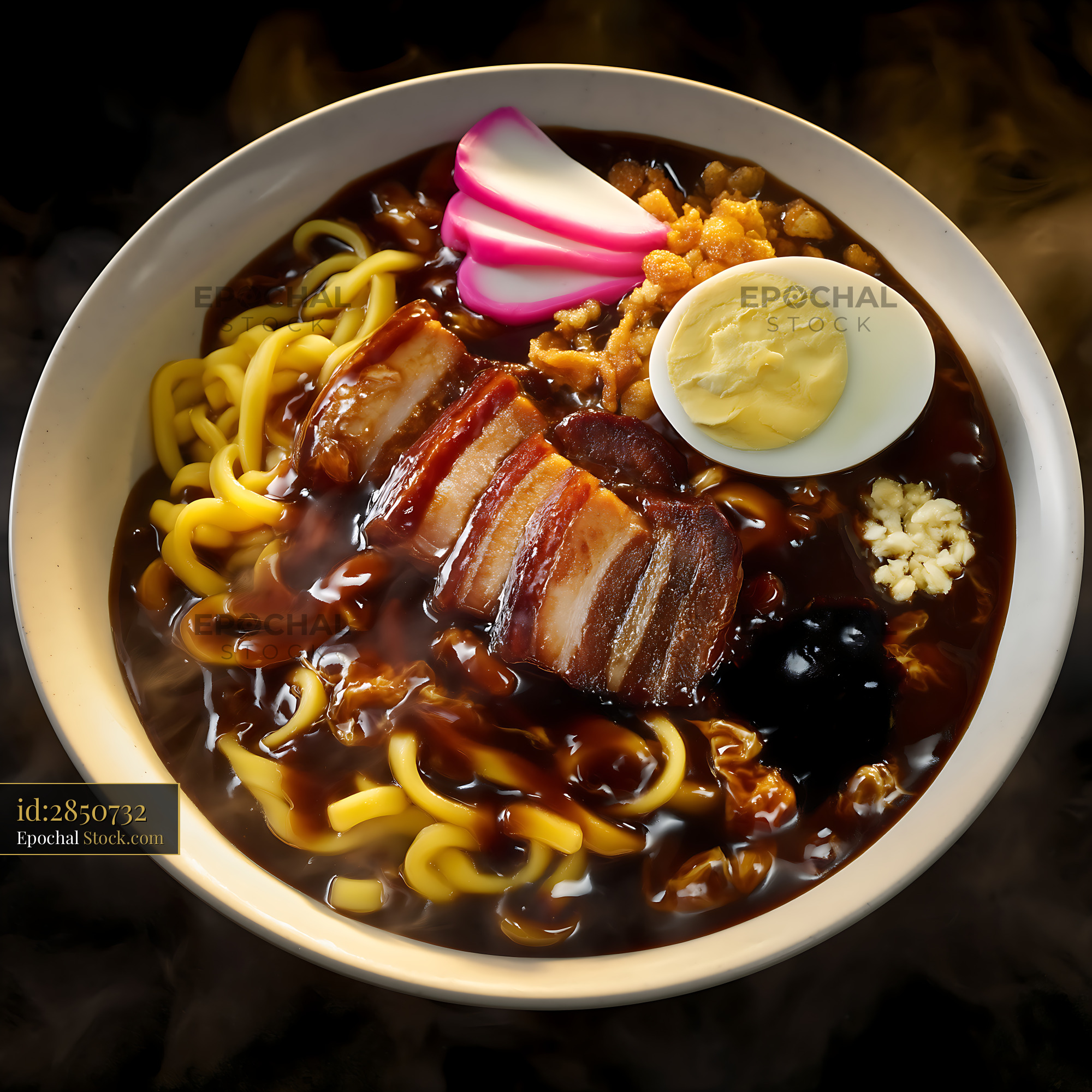 Rich Lor Mee Soup with Pork Belly, Egg, Noodles, and Gravy - stock photo