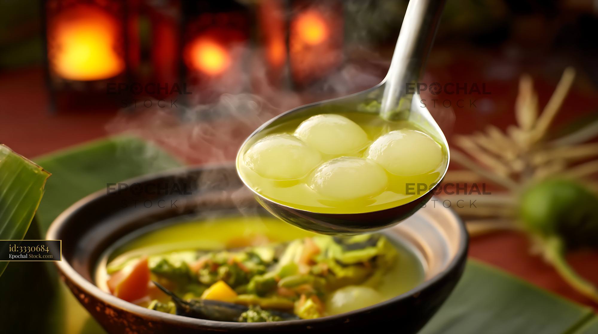 Steaming Lor Mee Soup with Dumplings Served in Warm Setting - stock photo