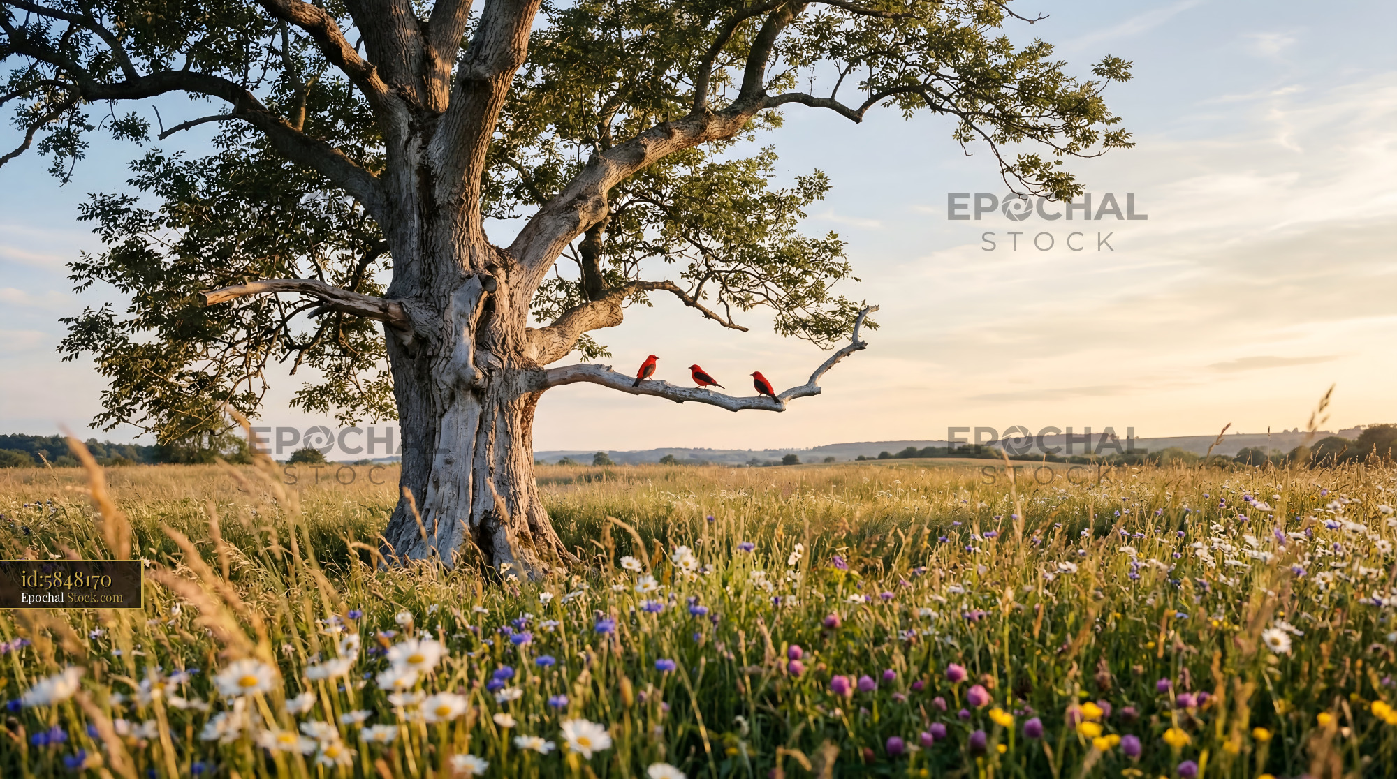 Cardinals sit on a branch of a tree in a field at sunset Premium Stock Photo
